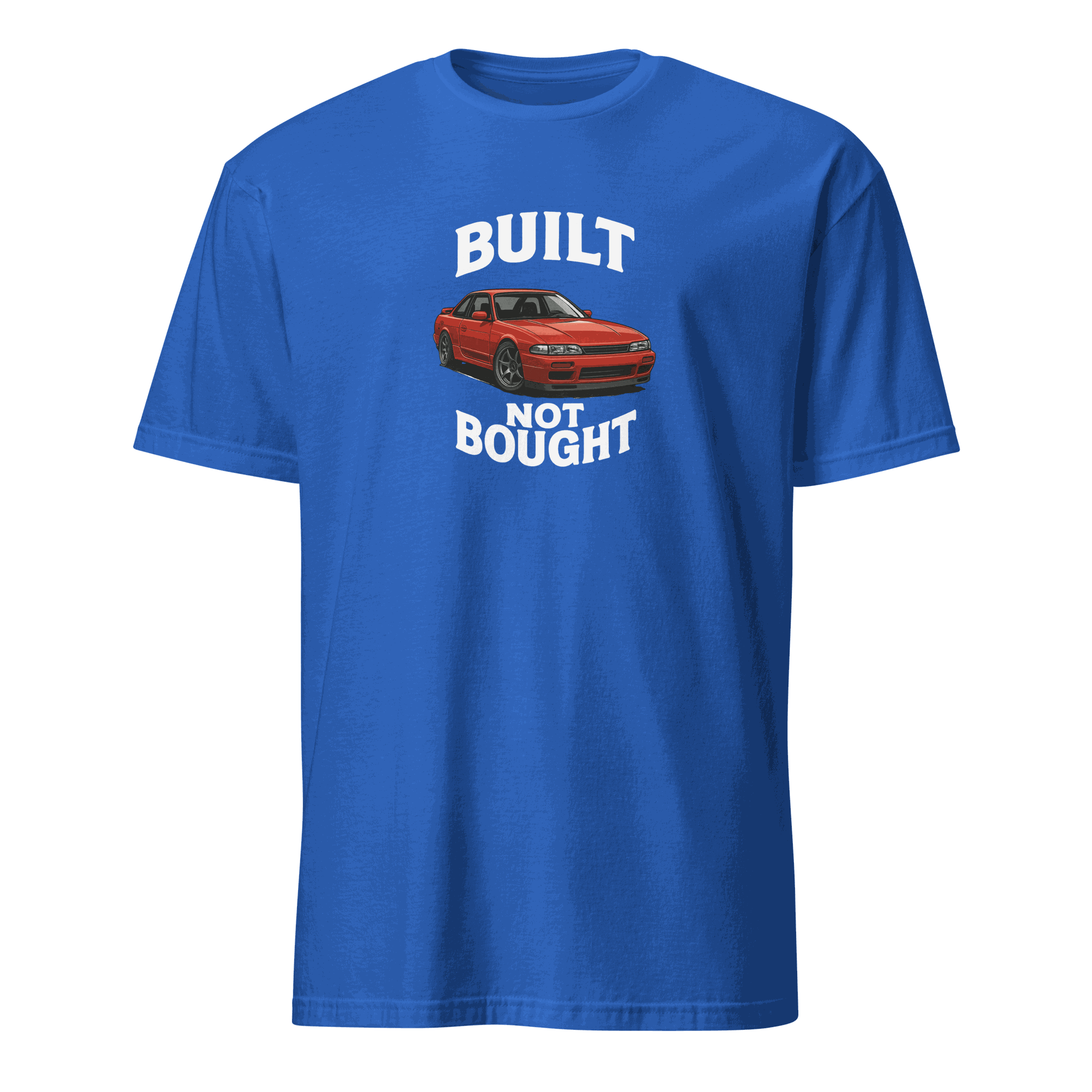 Blue retro muscle car enthusiast t shirt with "Built Not Bought" text and red classic car graphic