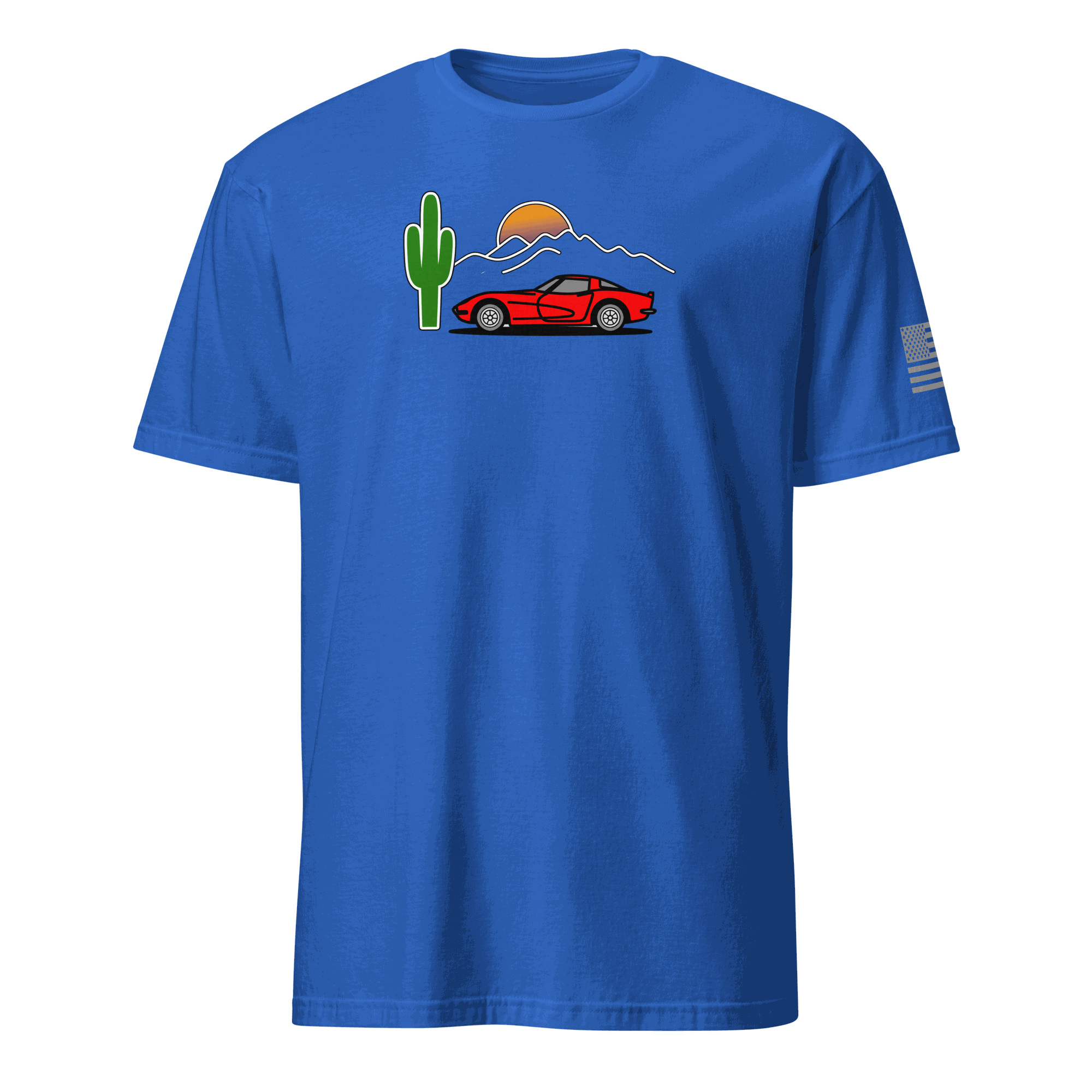 Blue Retro Corvette Sunset t-shirt with red Corvette silhouette, sunset, cactus, and mountain graphic