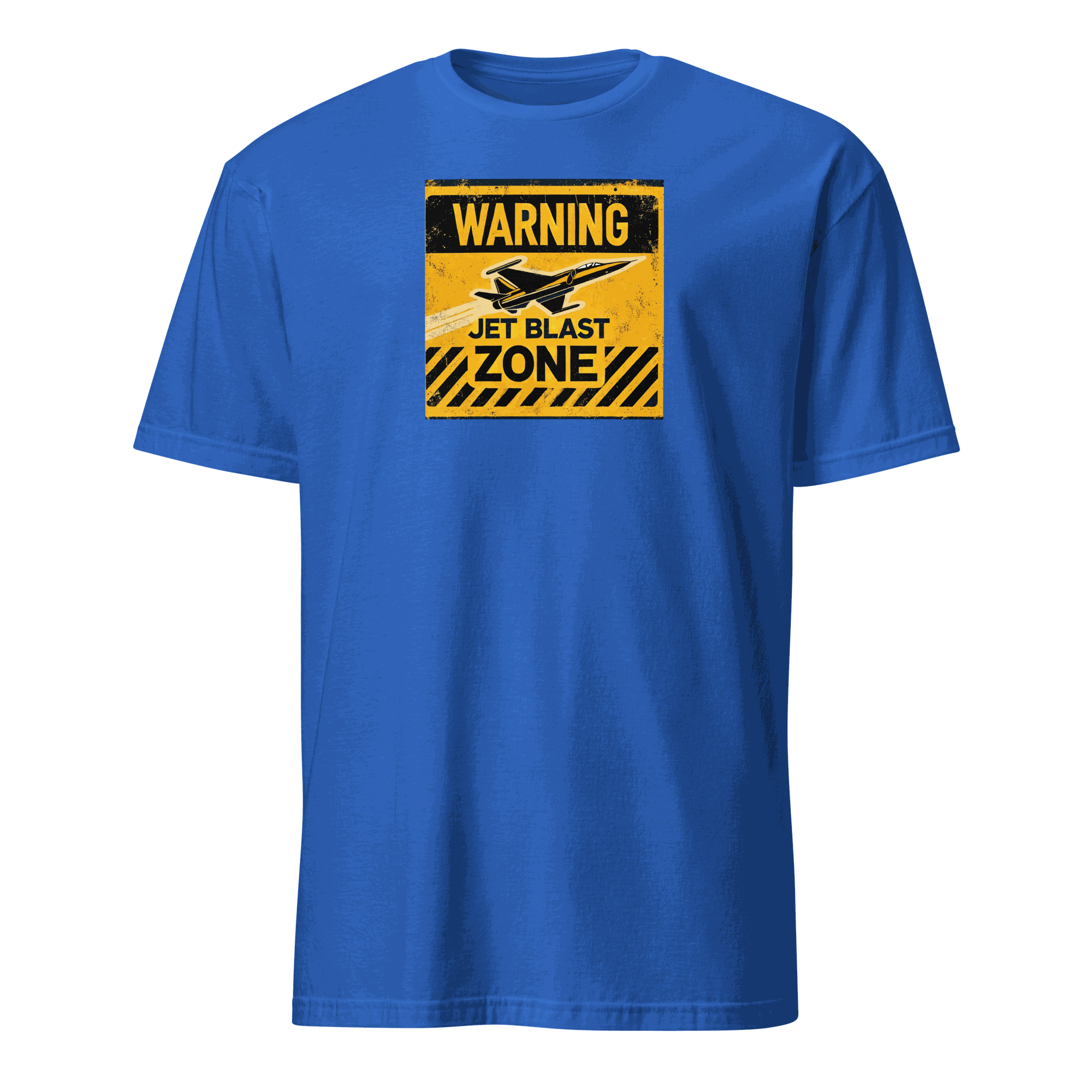 Blue Jet Blast Zone t-shirt with yellow warning sign and airplane graphic, pilot gift tee