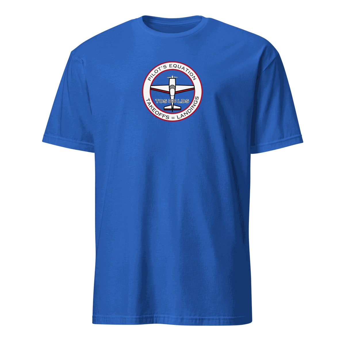 Blue unisex t-shirt with funny pilot math equation graphic for aviation enthusiasts