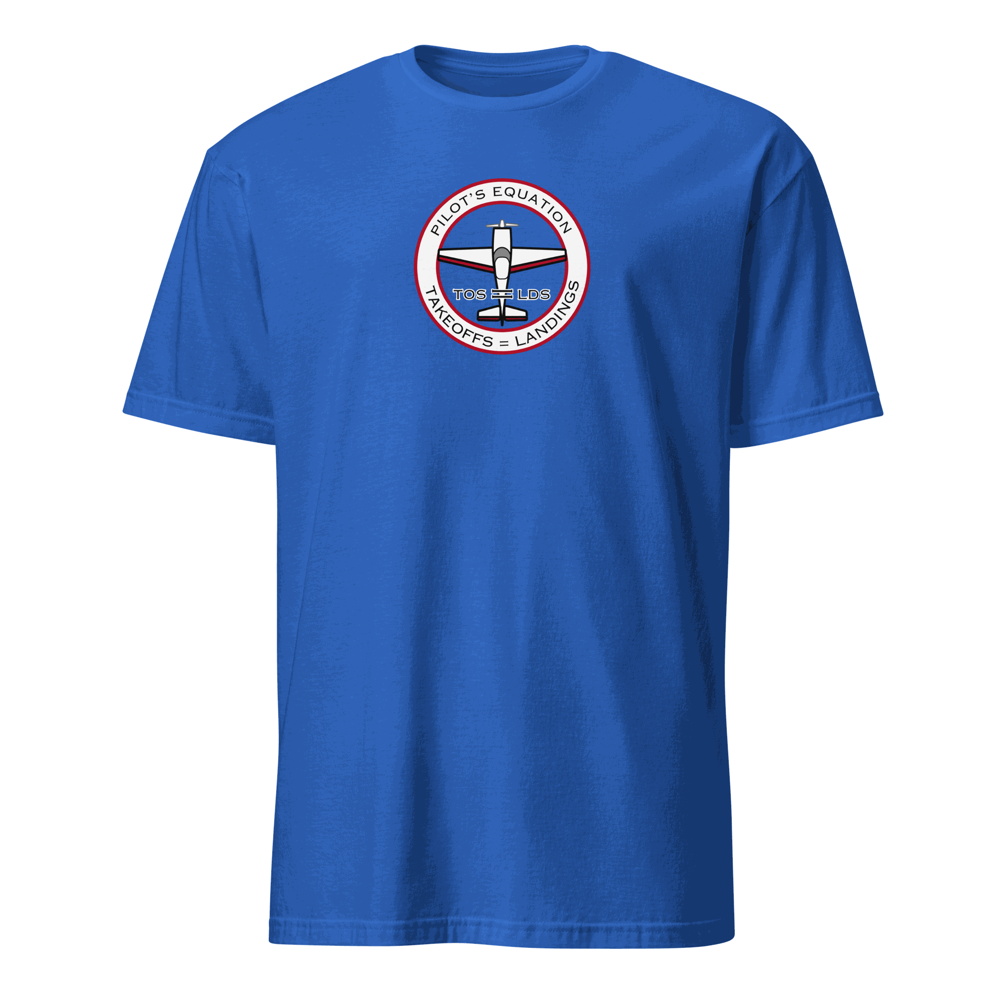 Blue unisex t-shirt with funny pilot math equation graphic for aviation enthusiasts