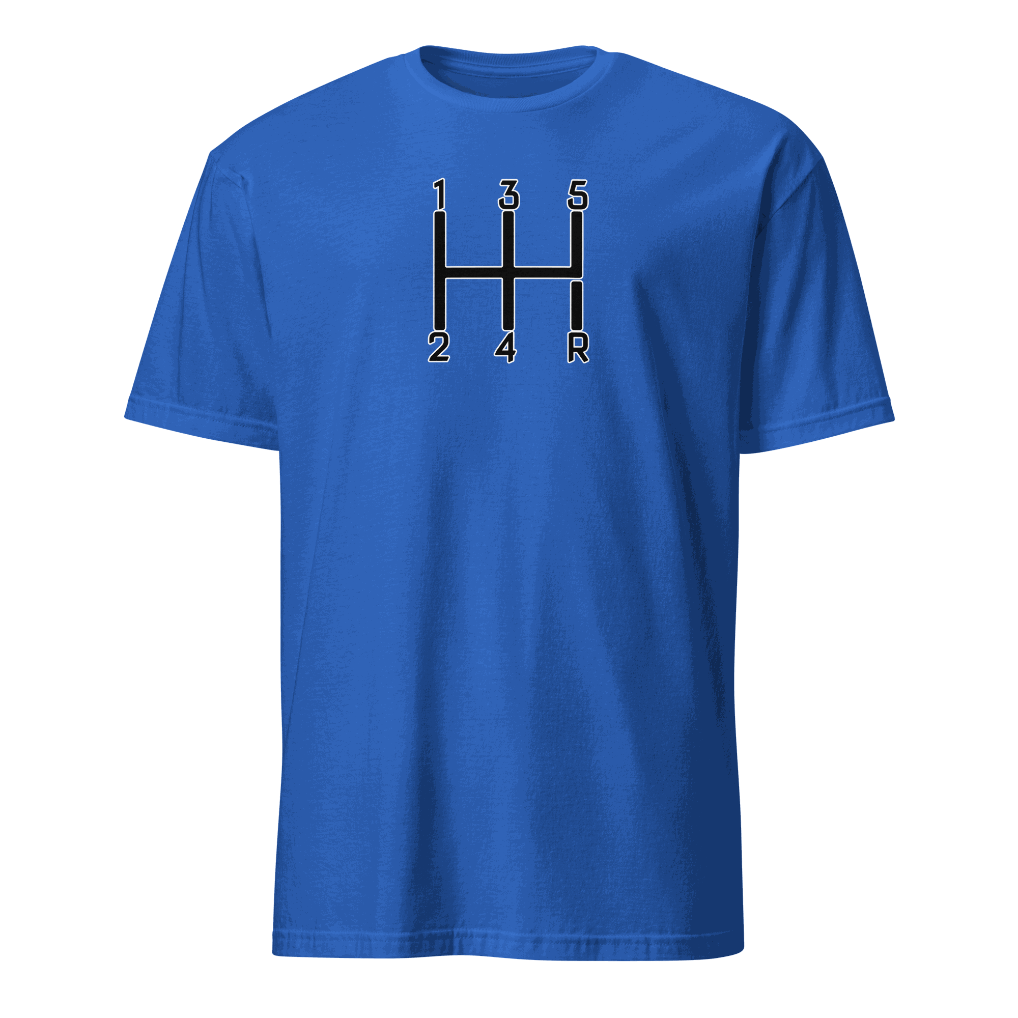 Blue manual transmission t-shirt with black and white gear shift design for car enthusiasts