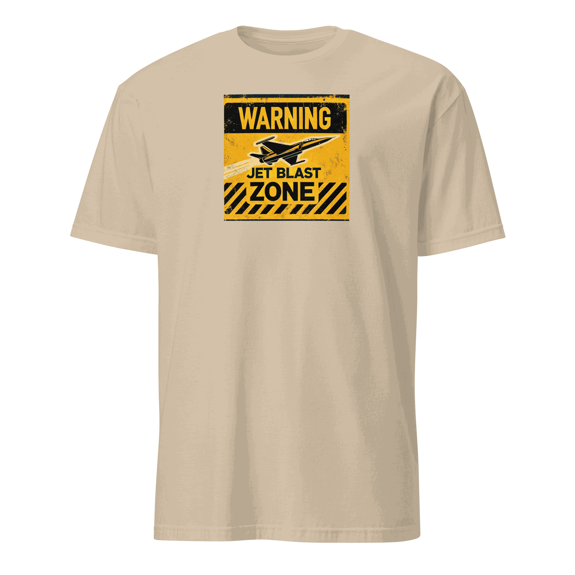 Jet Blast Zone t-shirt with warning sign and airplane graphic, pilot gift tee in beige color