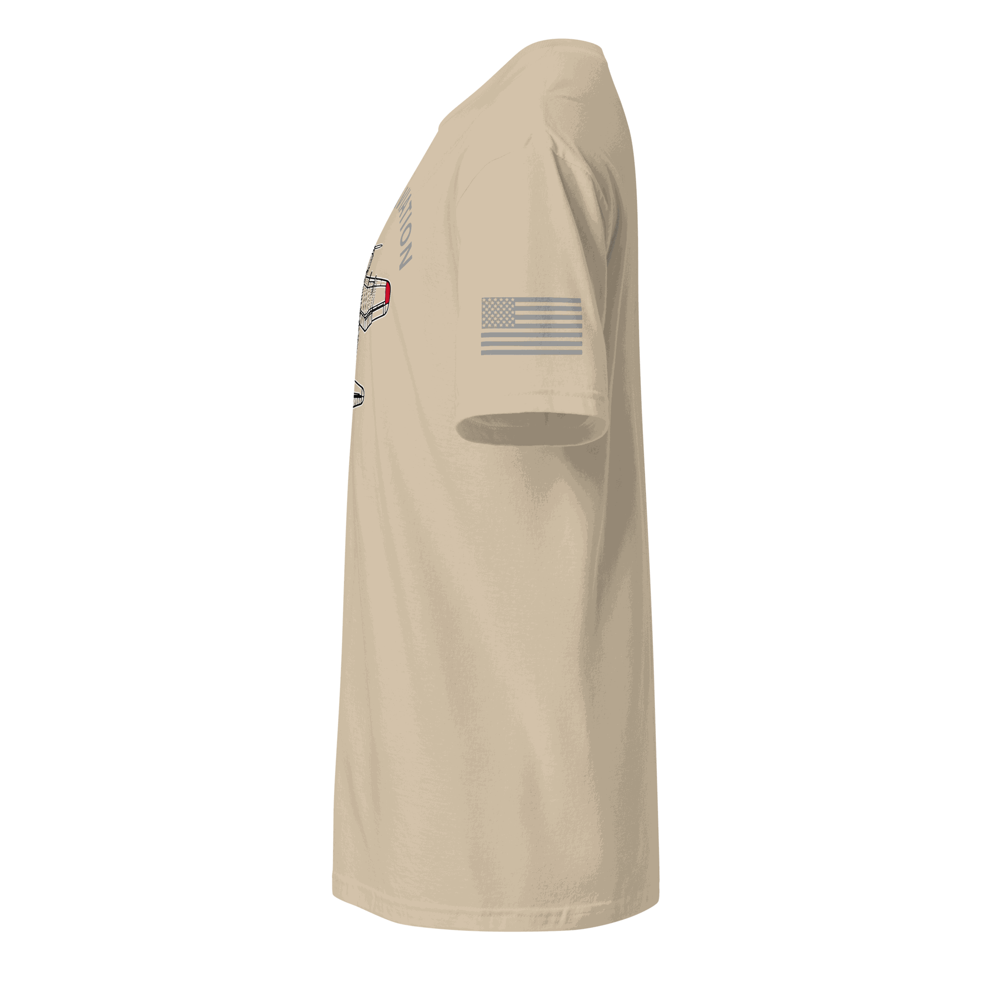 Side view of beige Aviation T-Shirt with American flag on sleeve, classic pilot gift design