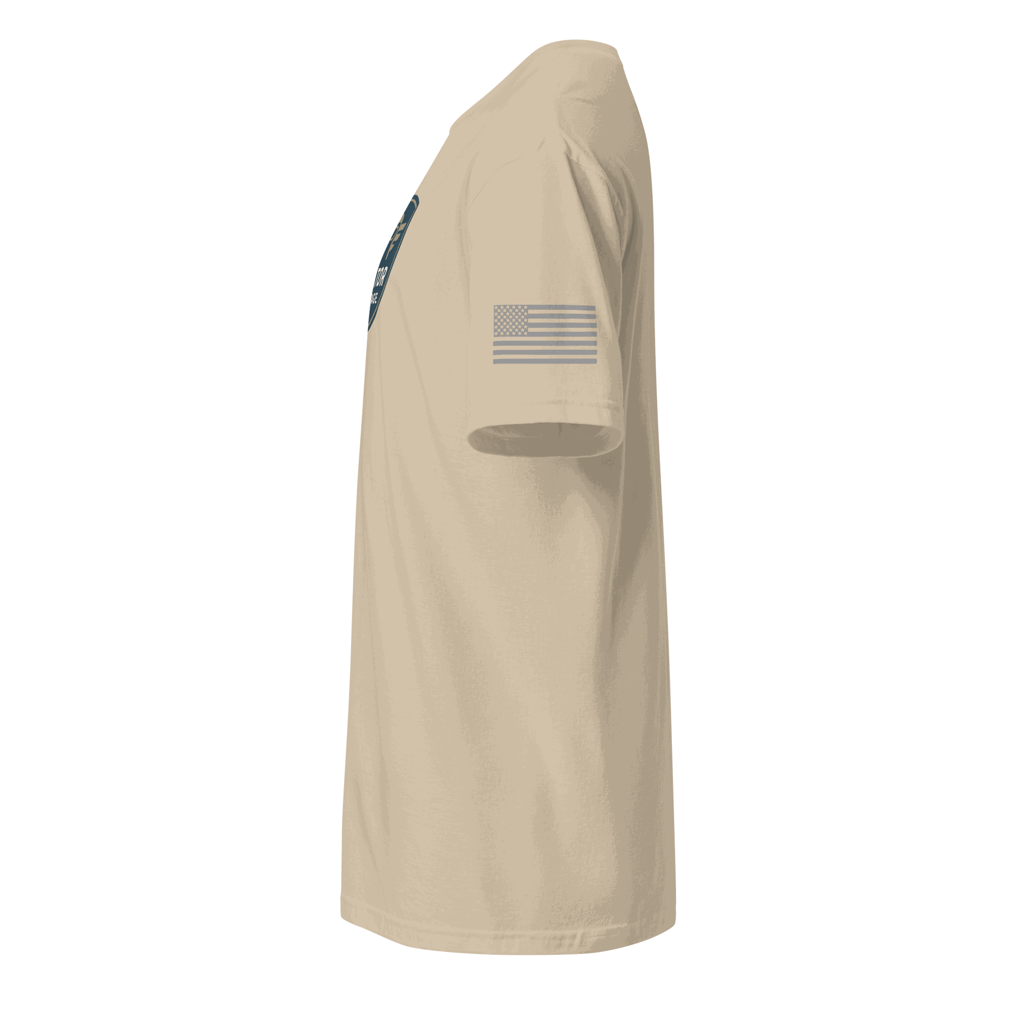 Side view of beige vintage aviation t-shirt made of soft 100% ring-spun cotton with American flag print on sleeve