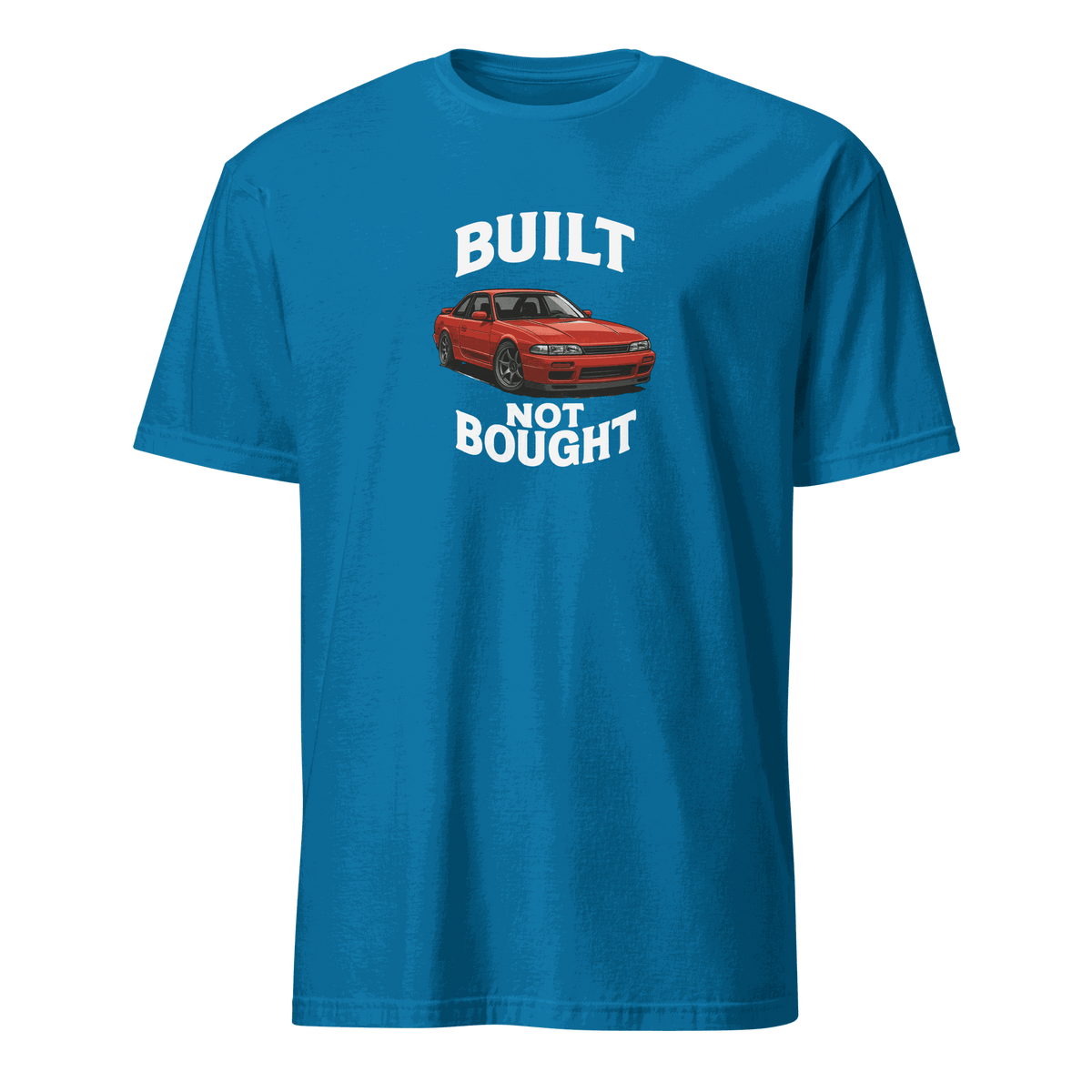 Blue retro muscle car enthusiast t shirt with "Built Not Bought" text and classic car graphic