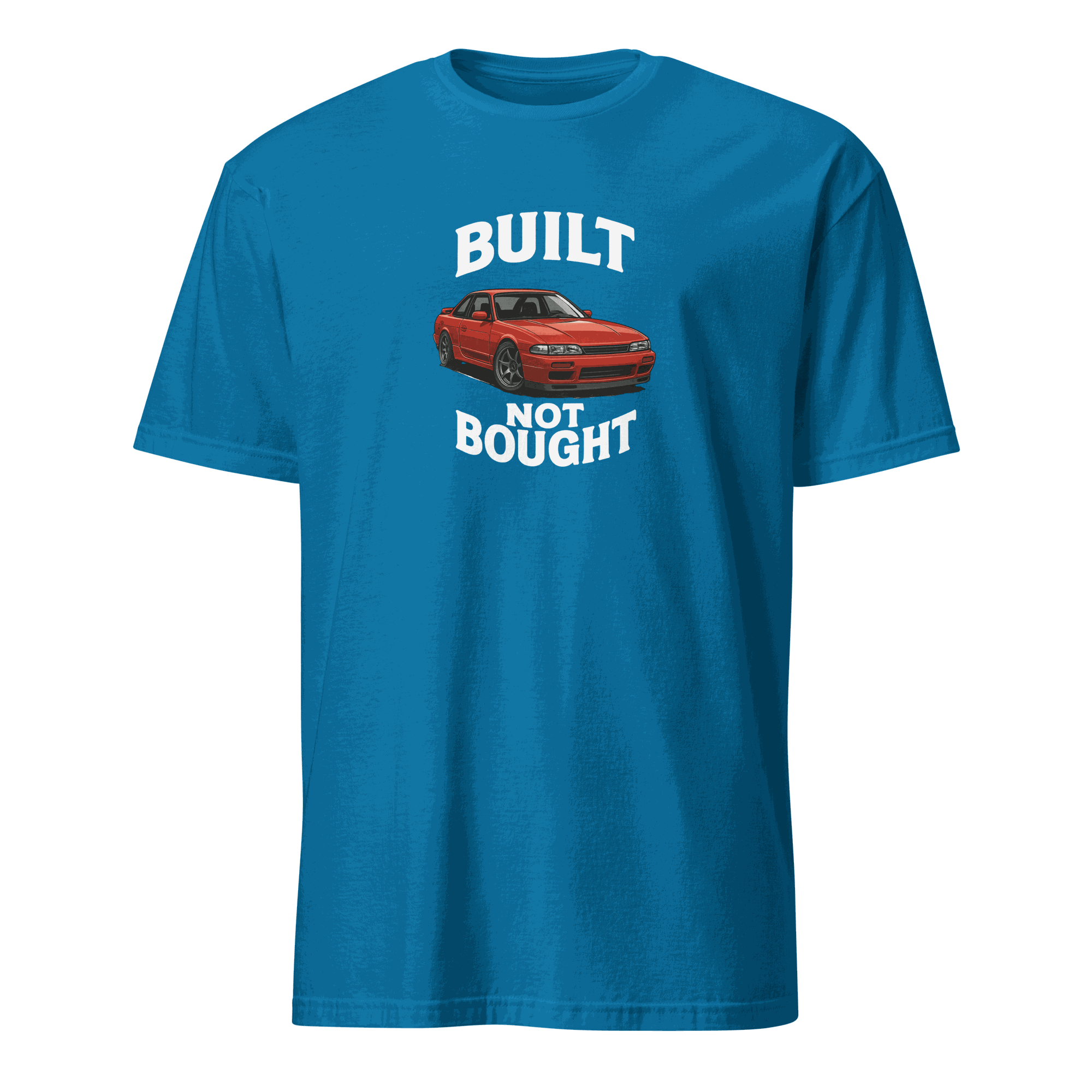 Blue retro muscle car enthusiast t shirt with "Built Not Bought" text and classic car graphic