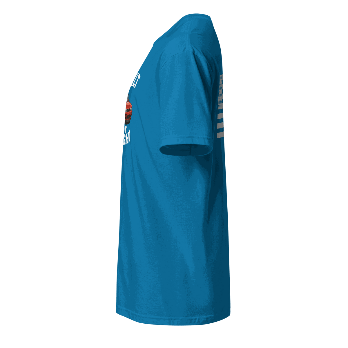 Blue retro muscle car enthusiast t shirt side view for classic car fans