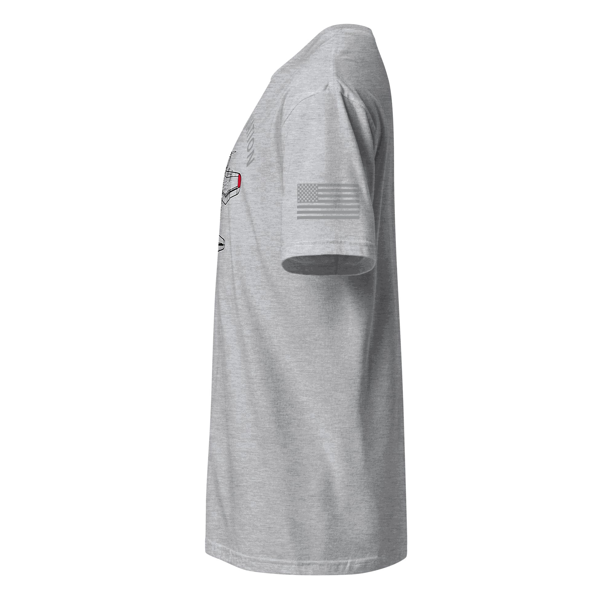 Side view of grey Aviation T-Shirt with American flag on sleeve, made of soft cotton, durable and comfortable for pilots and aviation enthusiasts.
