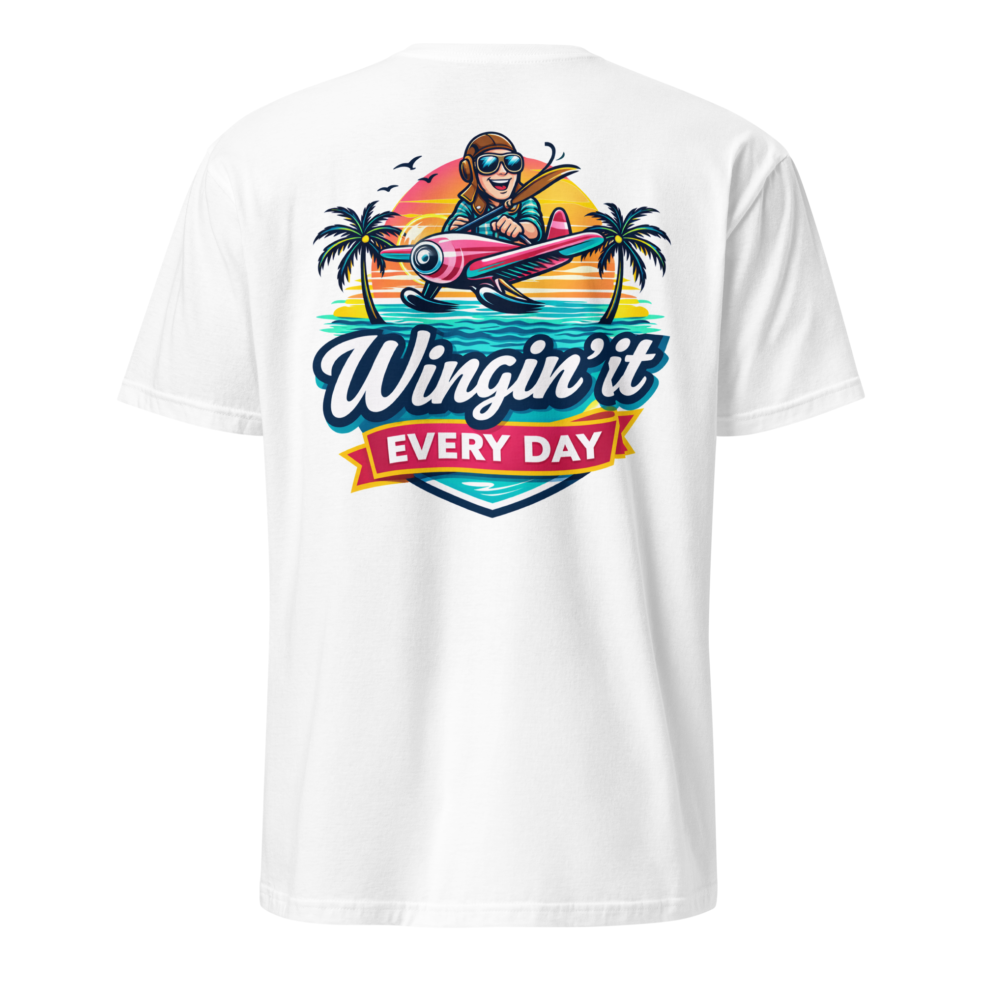 Back view of an aviation t-shirt featuring a pilot graphic and the text &