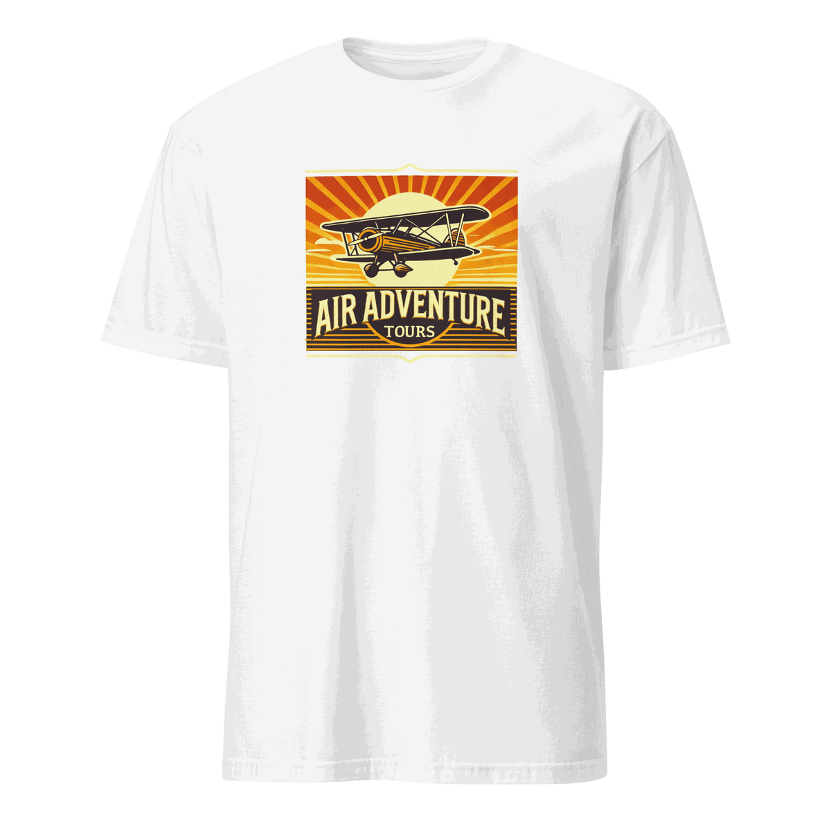 white vintage aviation graphic tee with retro biplane and "Air Adventure Tours" text design
