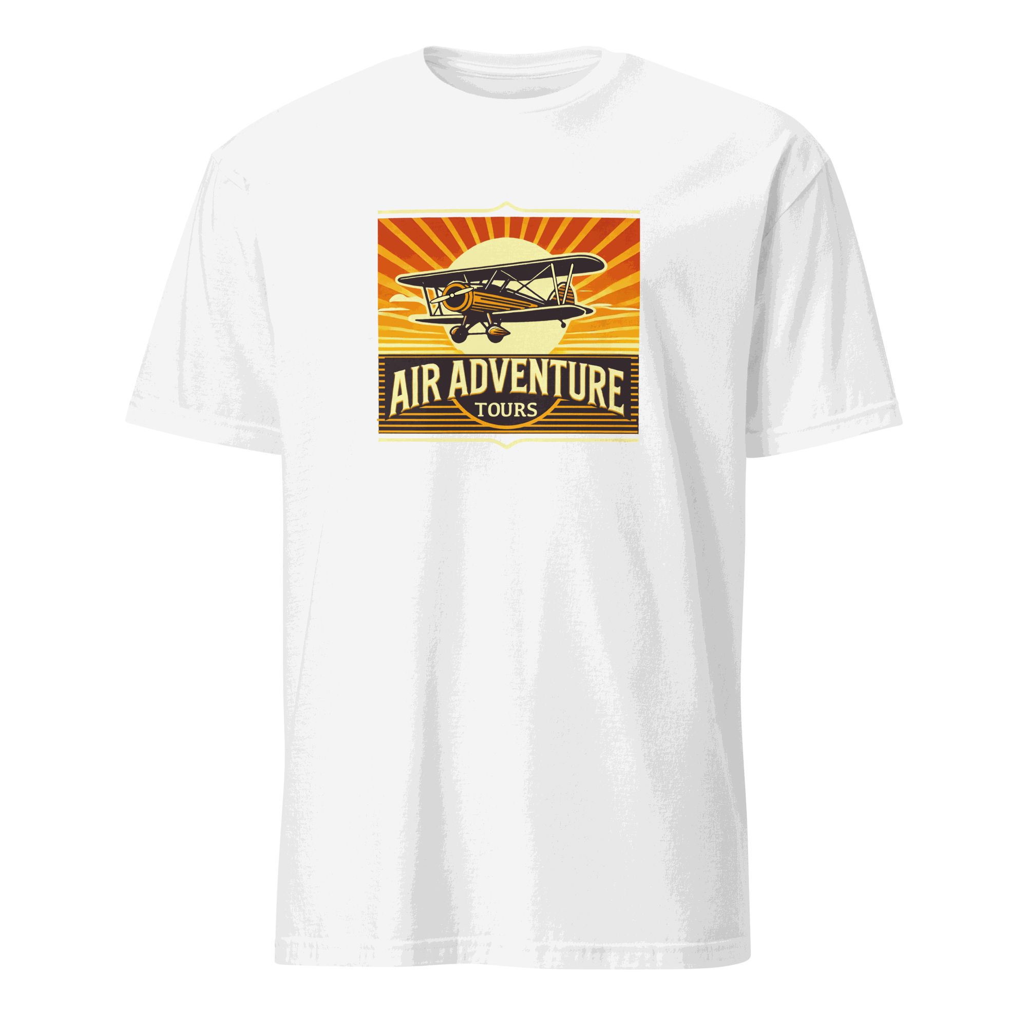 white vintage aviation graphic tee with retro biplane and "Air Adventure Tours" text design
