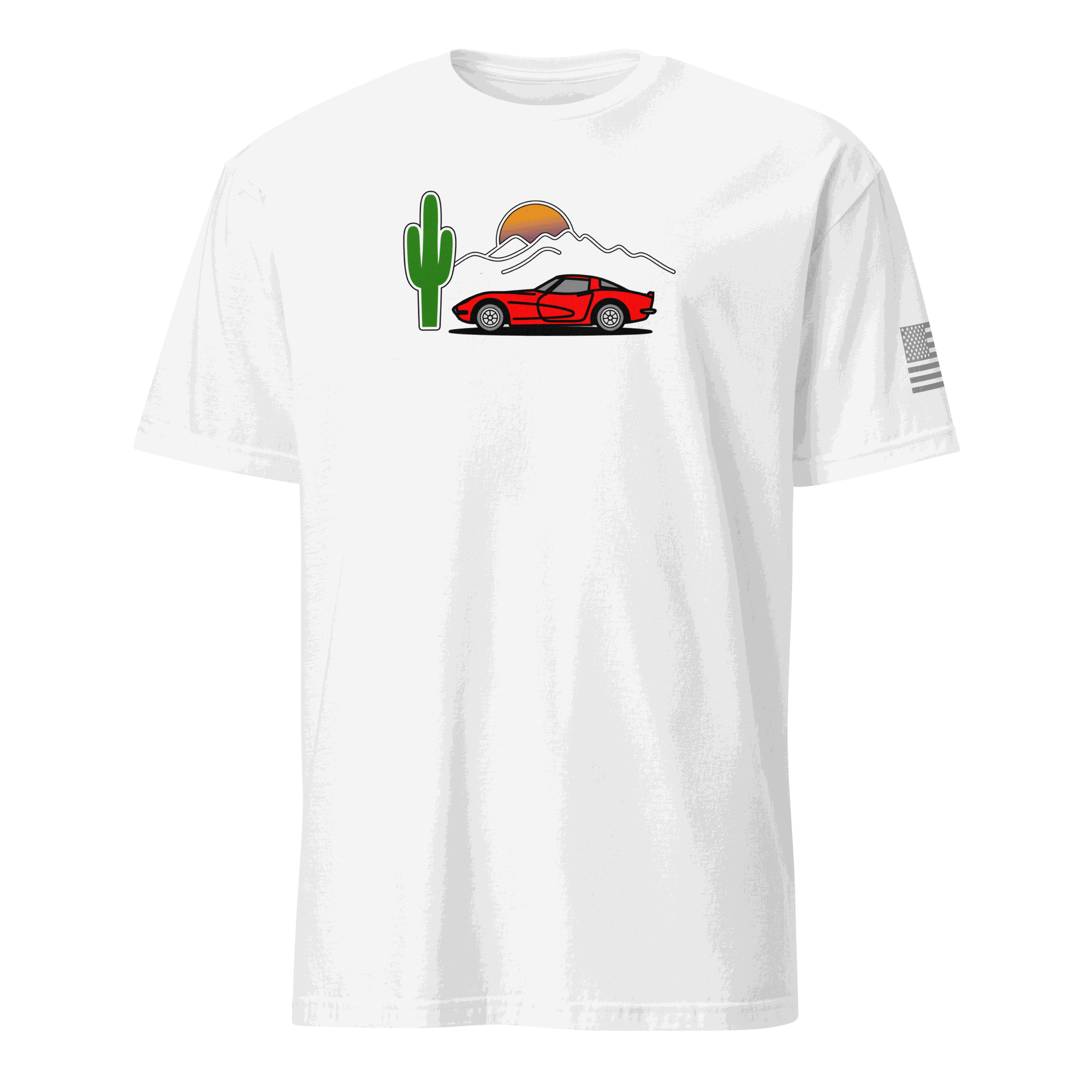 Retro car t-shirt featuring Corvette silhouette with sunset graphic on soft cotton blend