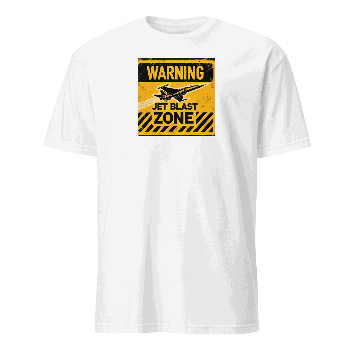 White t-shirt with yellow and black warning jet blast zone graphic for pilot gift