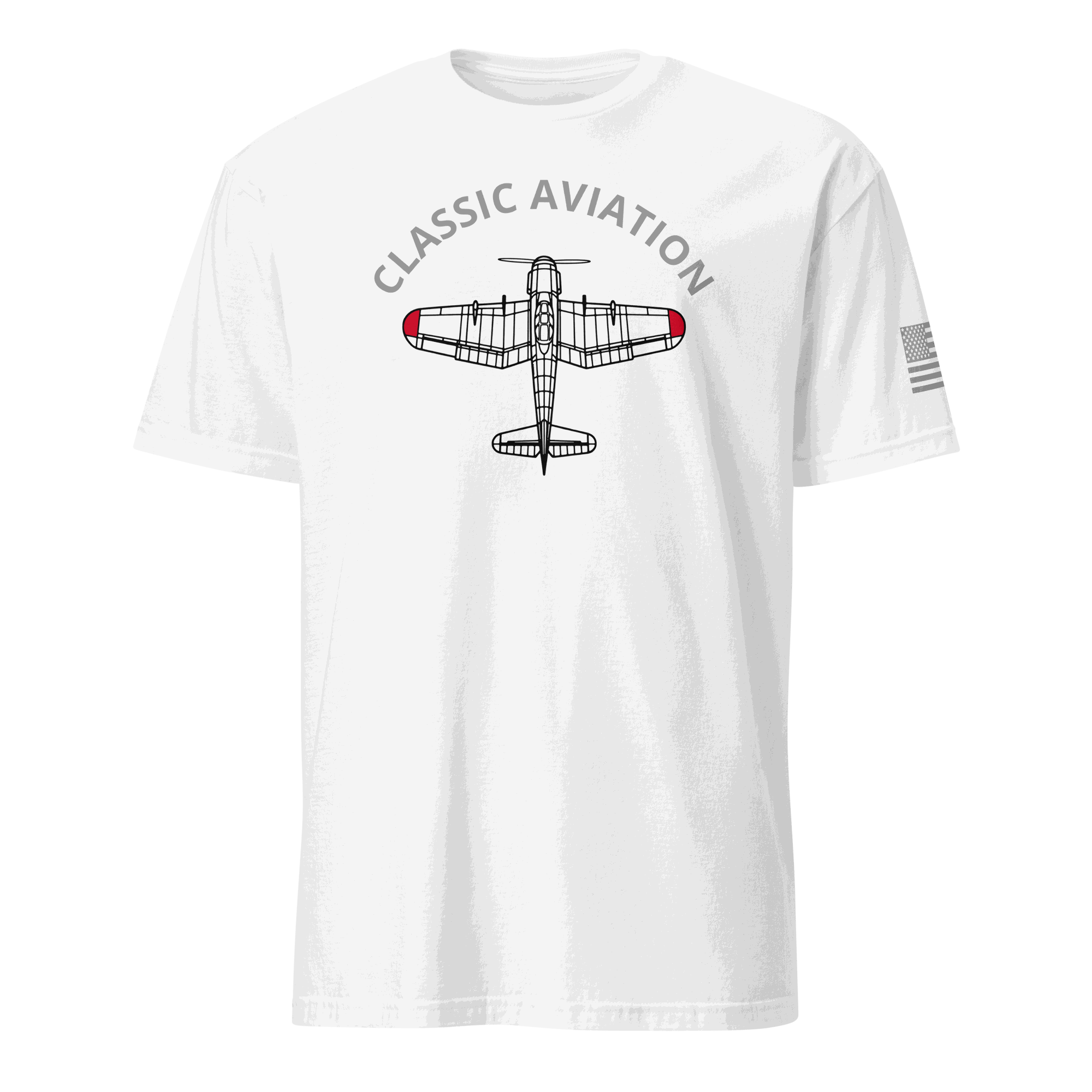 White Aviation T-Shirt with classic airplane graphic and "Classic Aviation" text, pilot gift