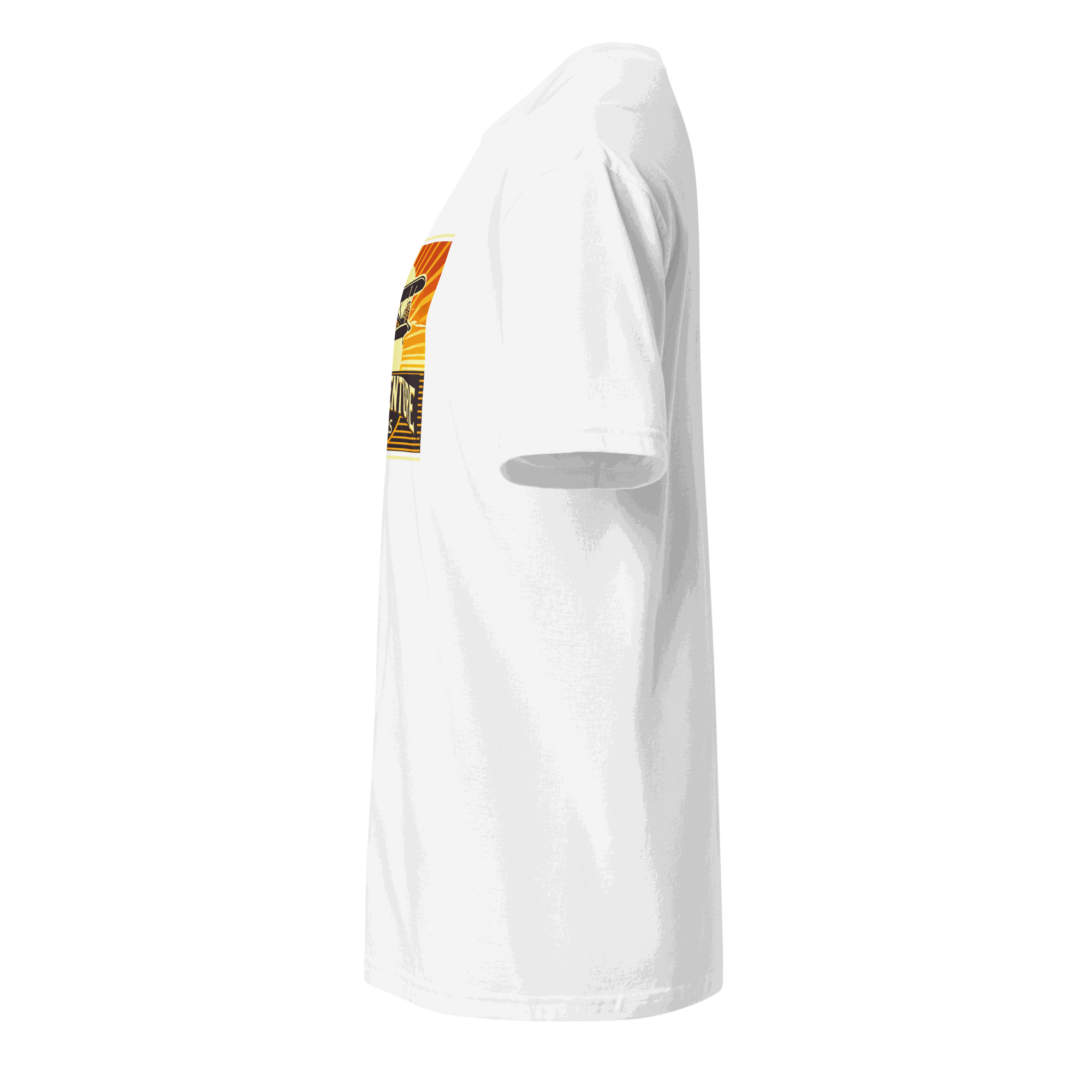 Side view of white vintage aviation graphic tee with retro pilot design