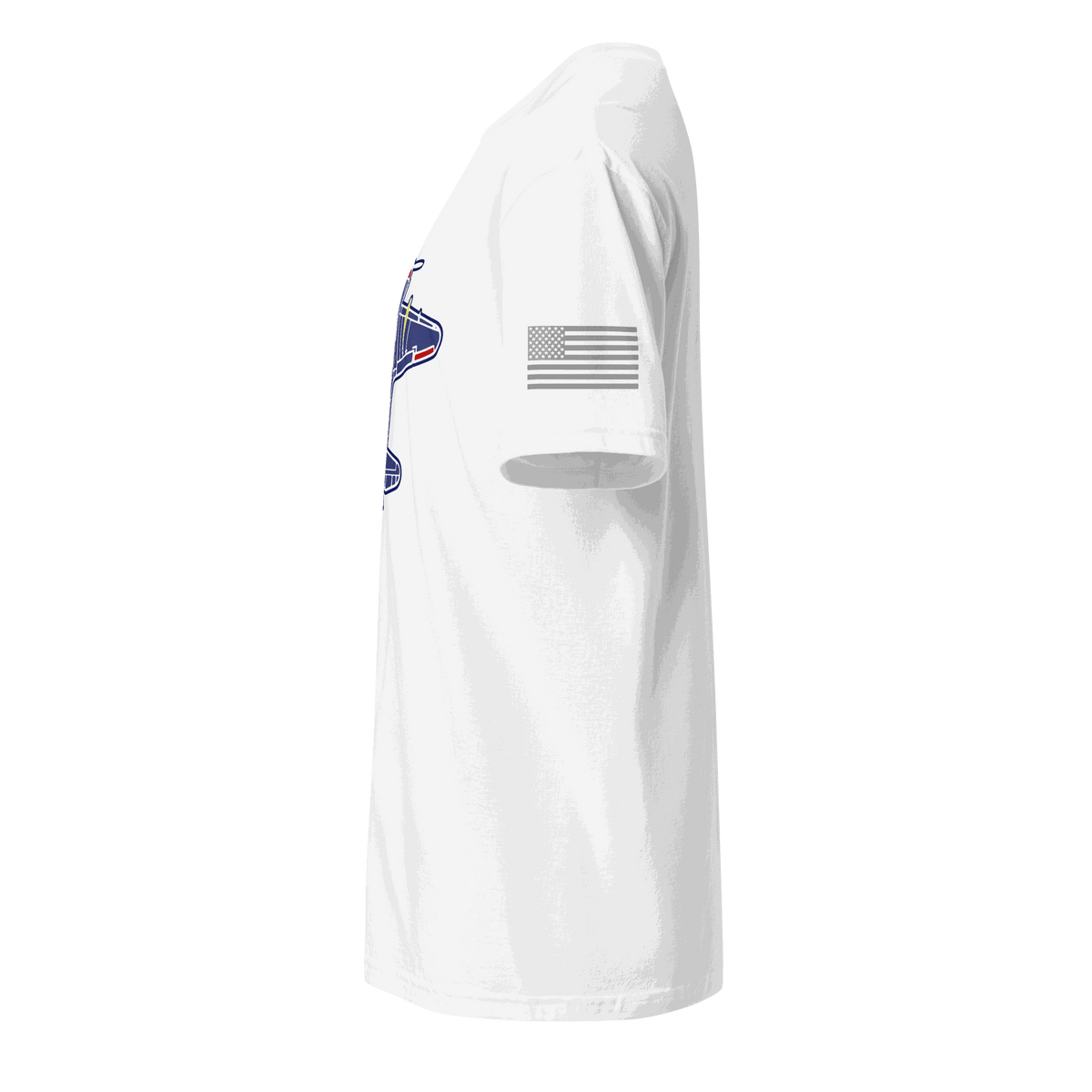 White aviation t-shirt with American flag on sleeve, made of soft 100% ring-spun cotton