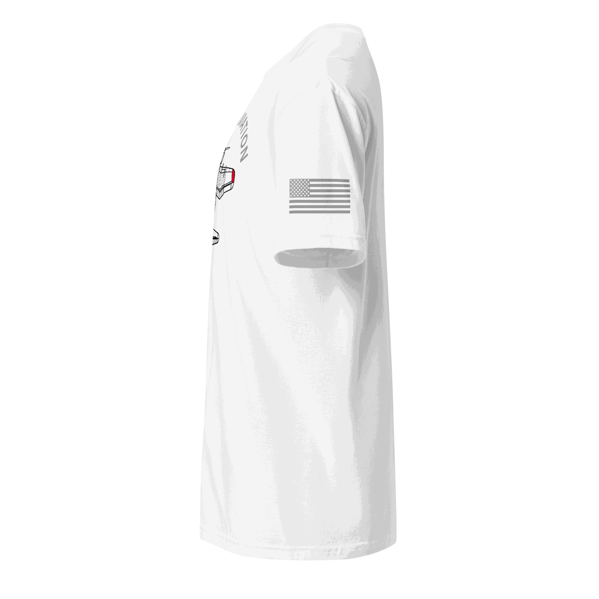 Side view of white Aviation T-Shirt with American flag on sleeve, made of soft, durable cotton blend.