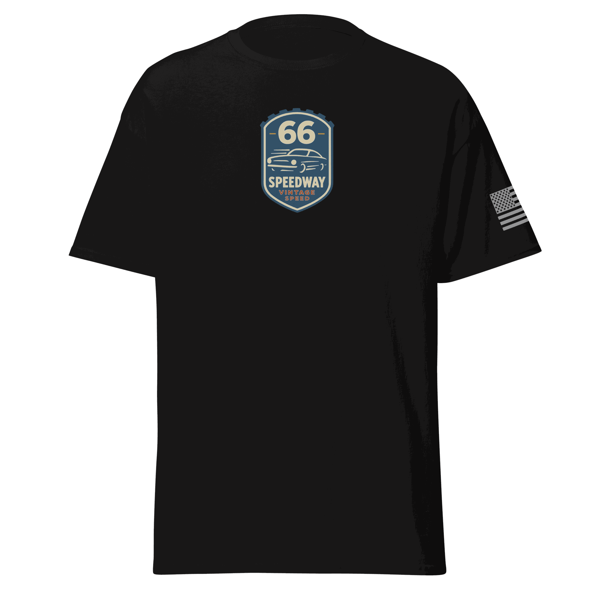 Black Vintage Car Cotton T-shirt with Speedway 66 logo and American flag on sleeve