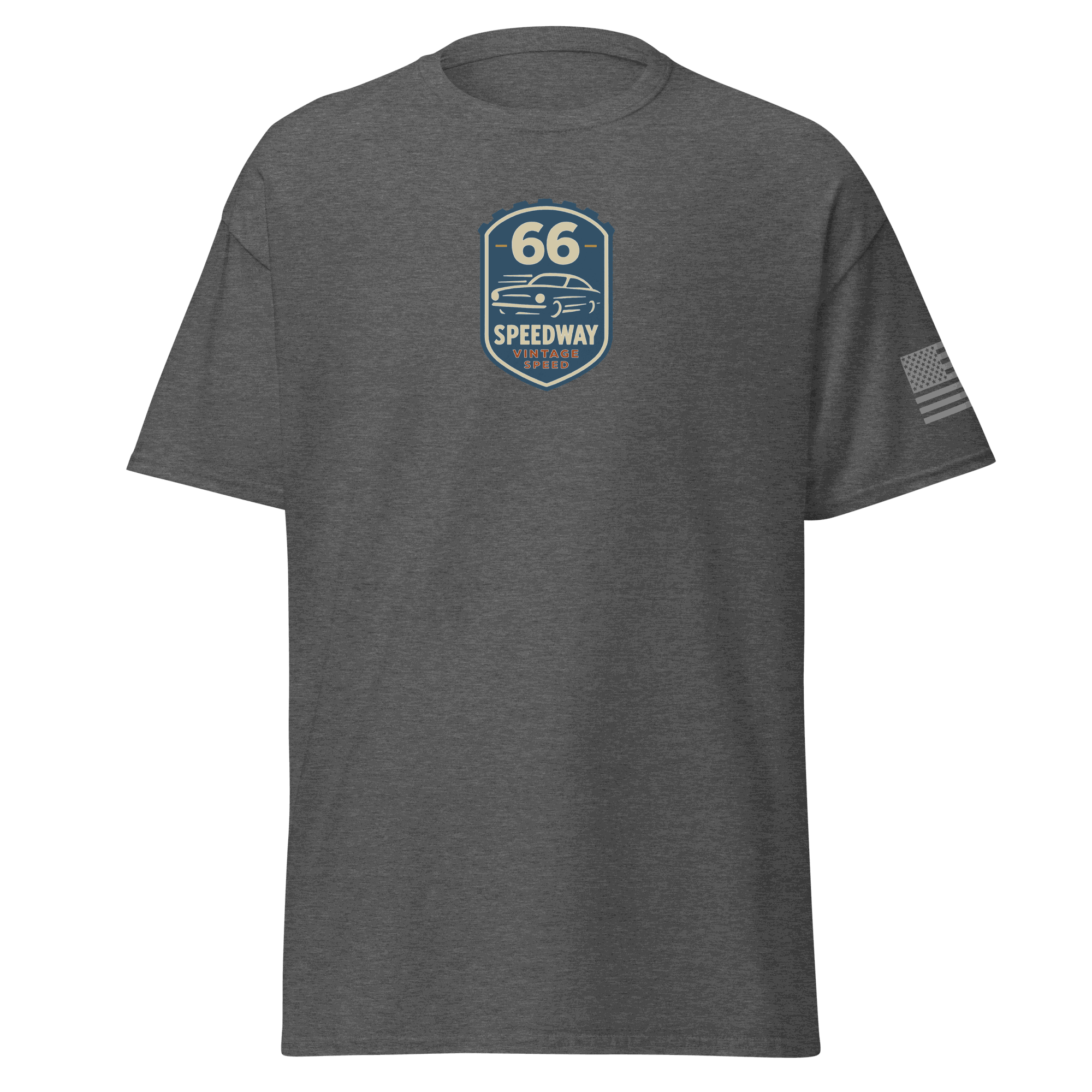 Vintage Car Cotton T-shirt grey with route 66 speedway design and American flag sleeve print