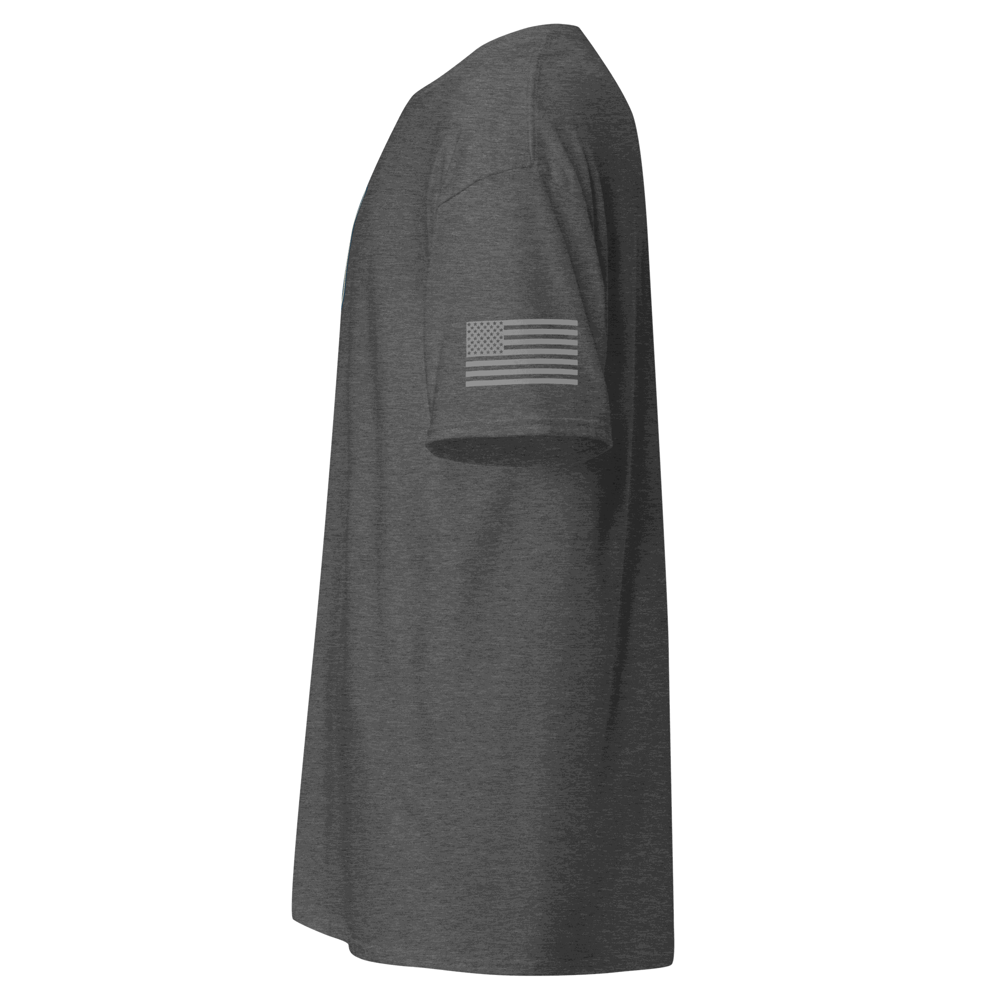 Side view of vintage car cotton t-shirt in dark grey with American flag on sleeve