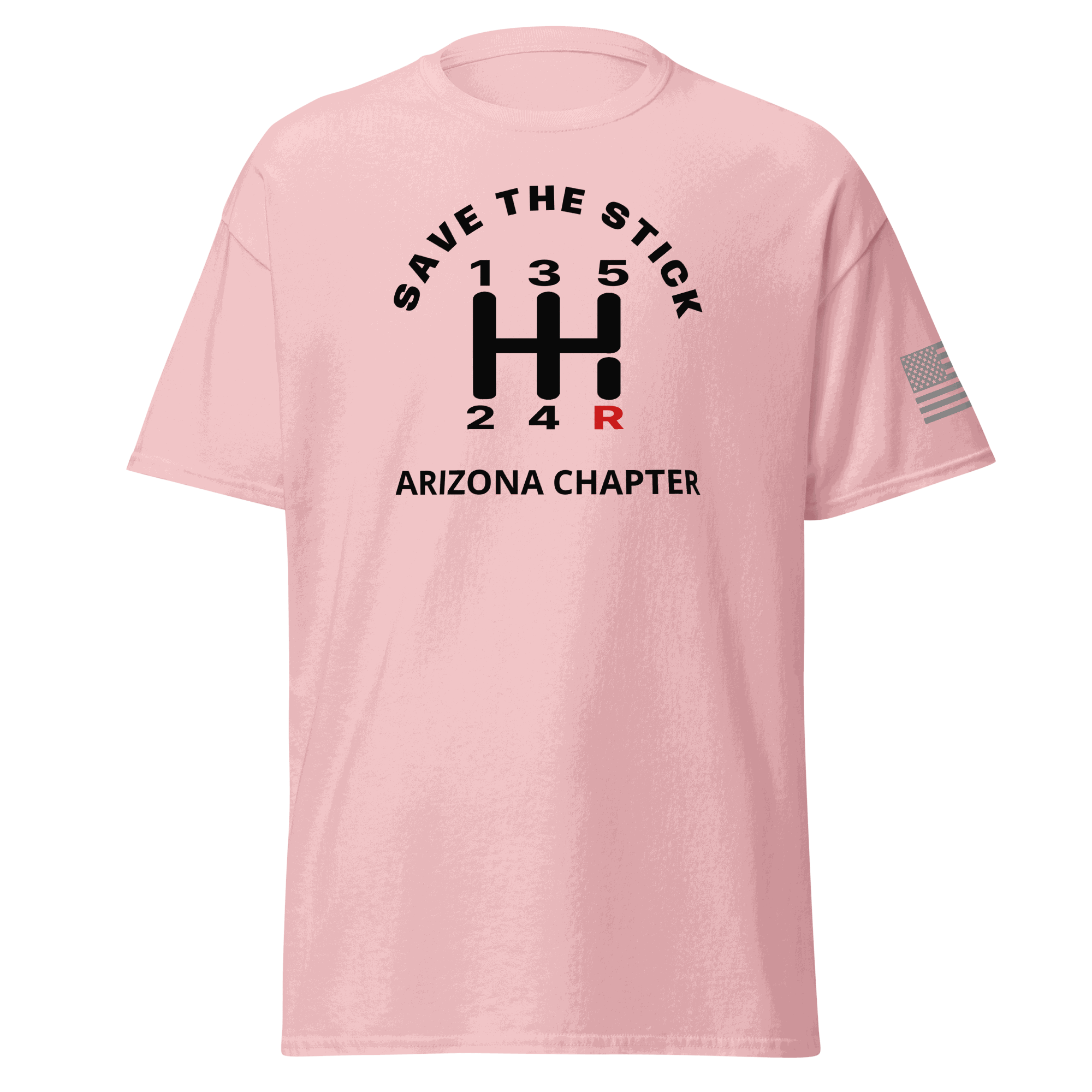 Stick Shift Custom Manual transmission car shirt featuring Save the Stick design and Arizona Chapter text.