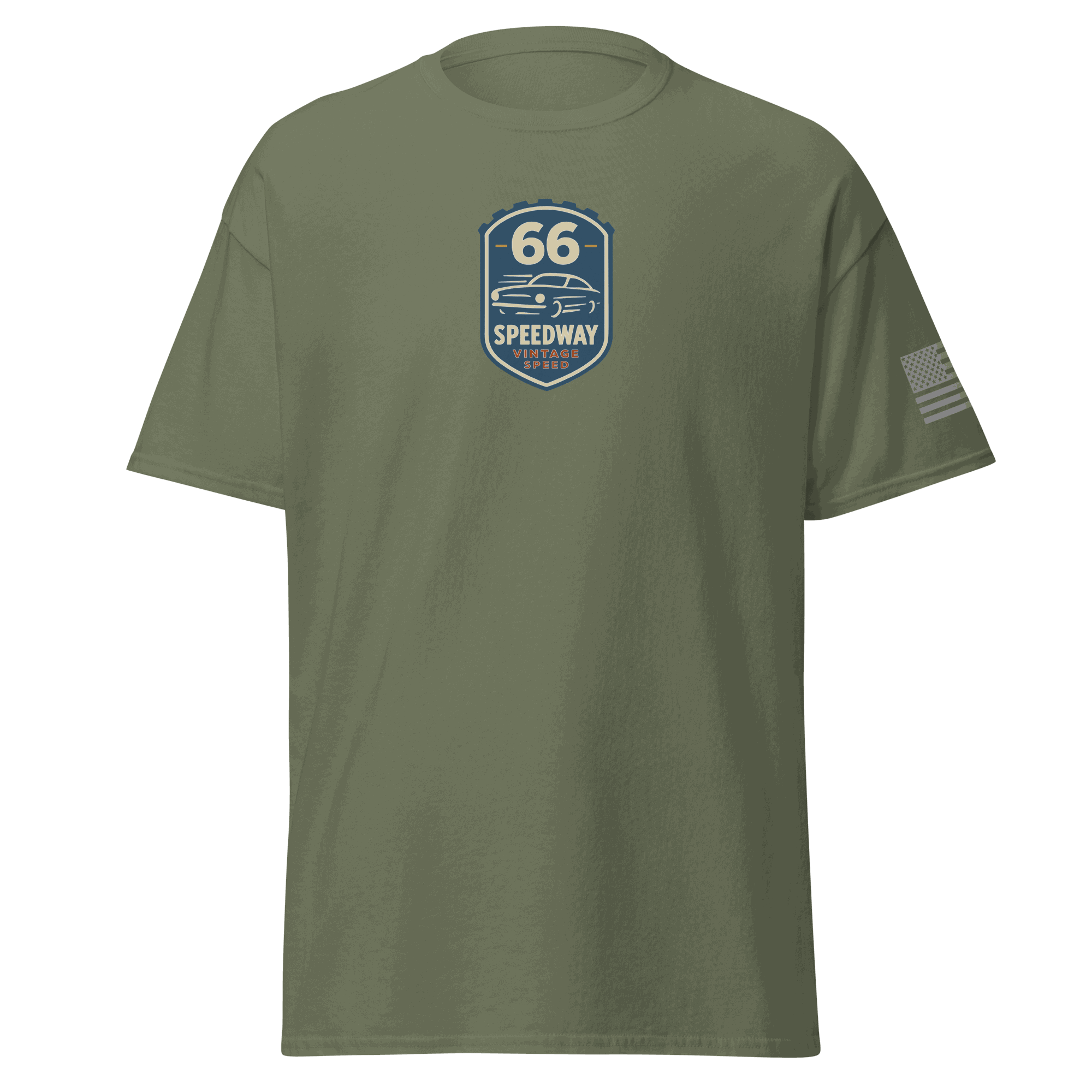 Vintage Car Cotton T-shirt in olive green with vintage speedway car graphic and American flag on sleeve