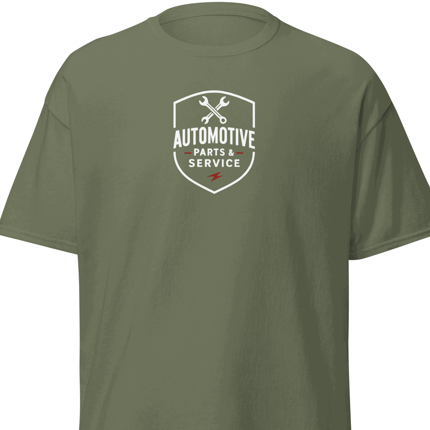 Classic T-Shirt Olive green Automotive Parts Classic T-Shirt with white logo and wrench design front view