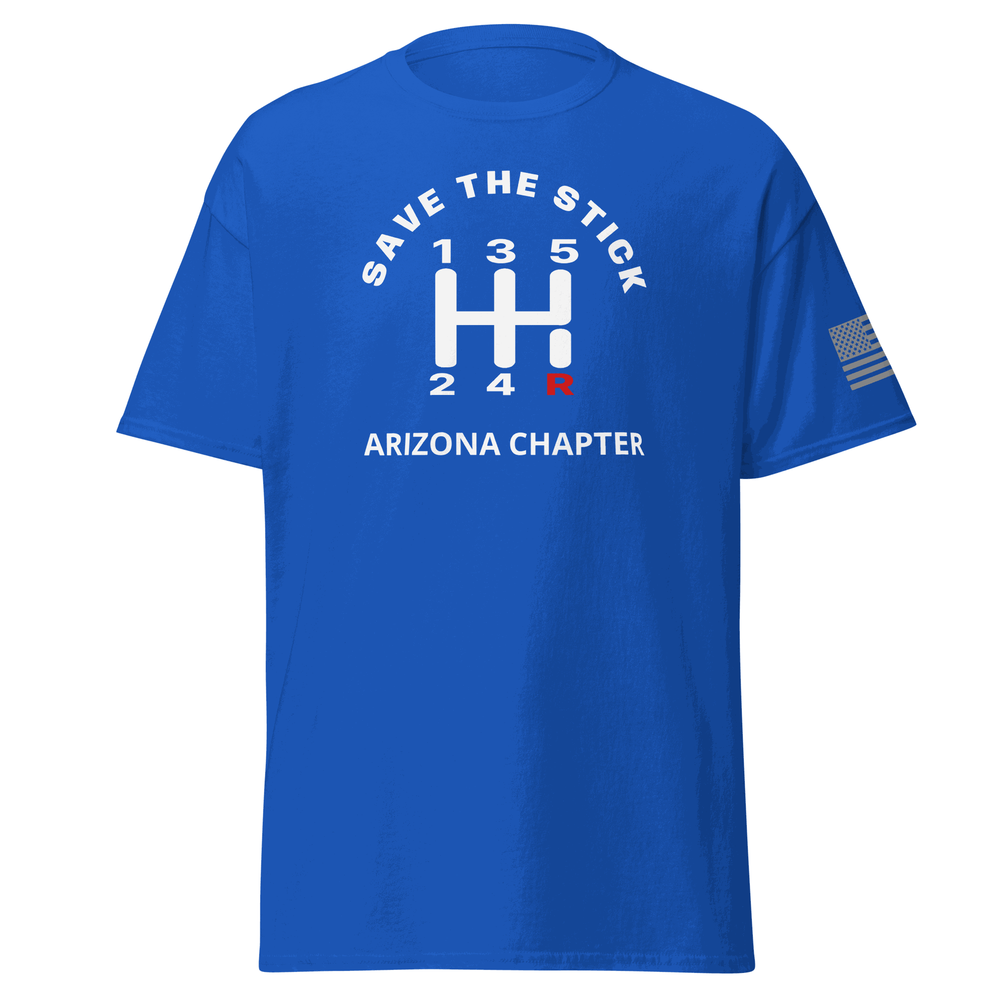 Stick Shift  Custom Manual transmission car shirt featuring Save the Stick design for Arizona Chapter in blue.