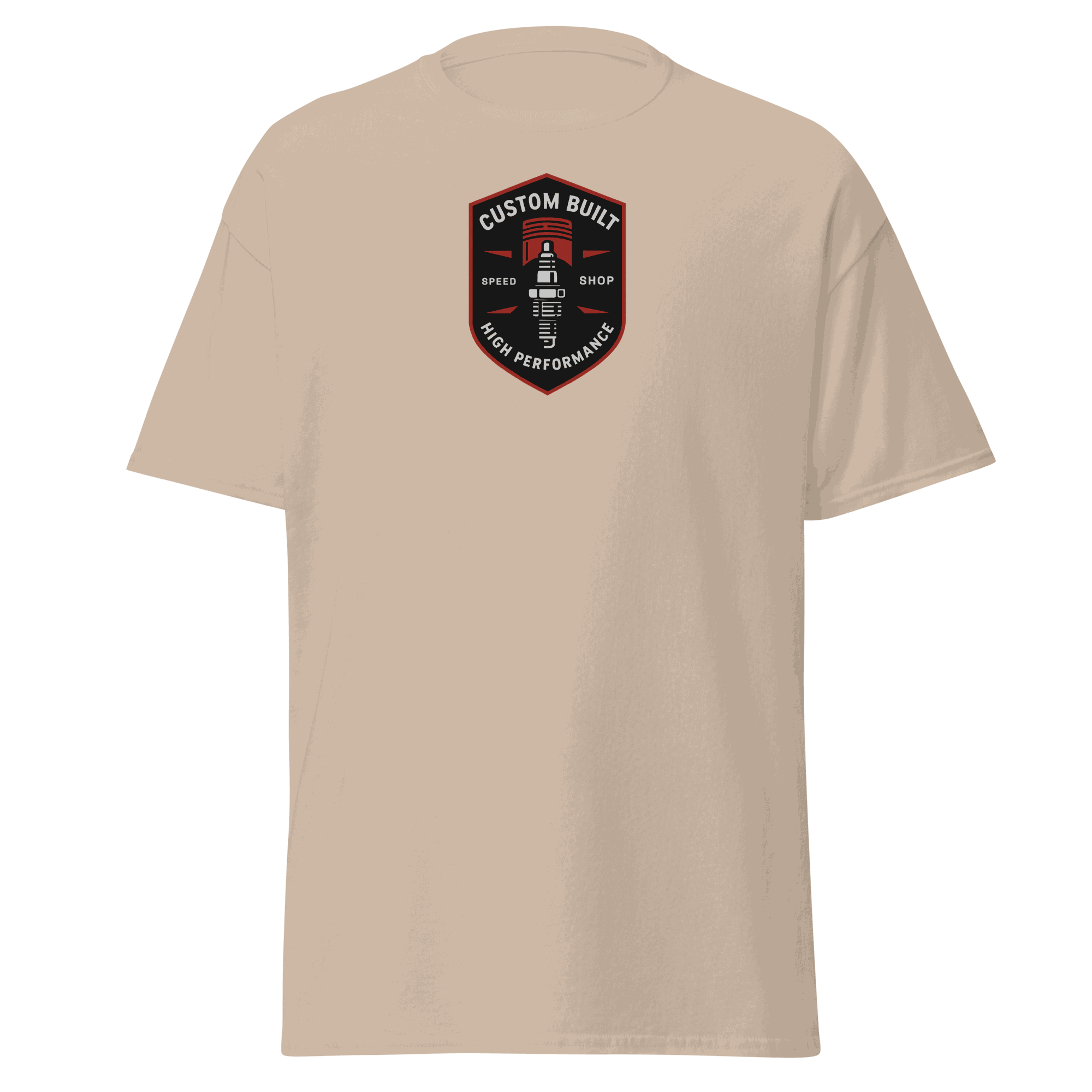 beige Custom Built Classic T-Shirt with high performance emblem on chest, 100% cotton unisex tee for structured look