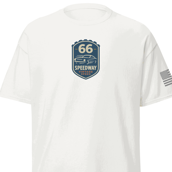 White Vintage Car Cotton T-shirt with 66 Speedway vintage car graphic and American flag on sleeve