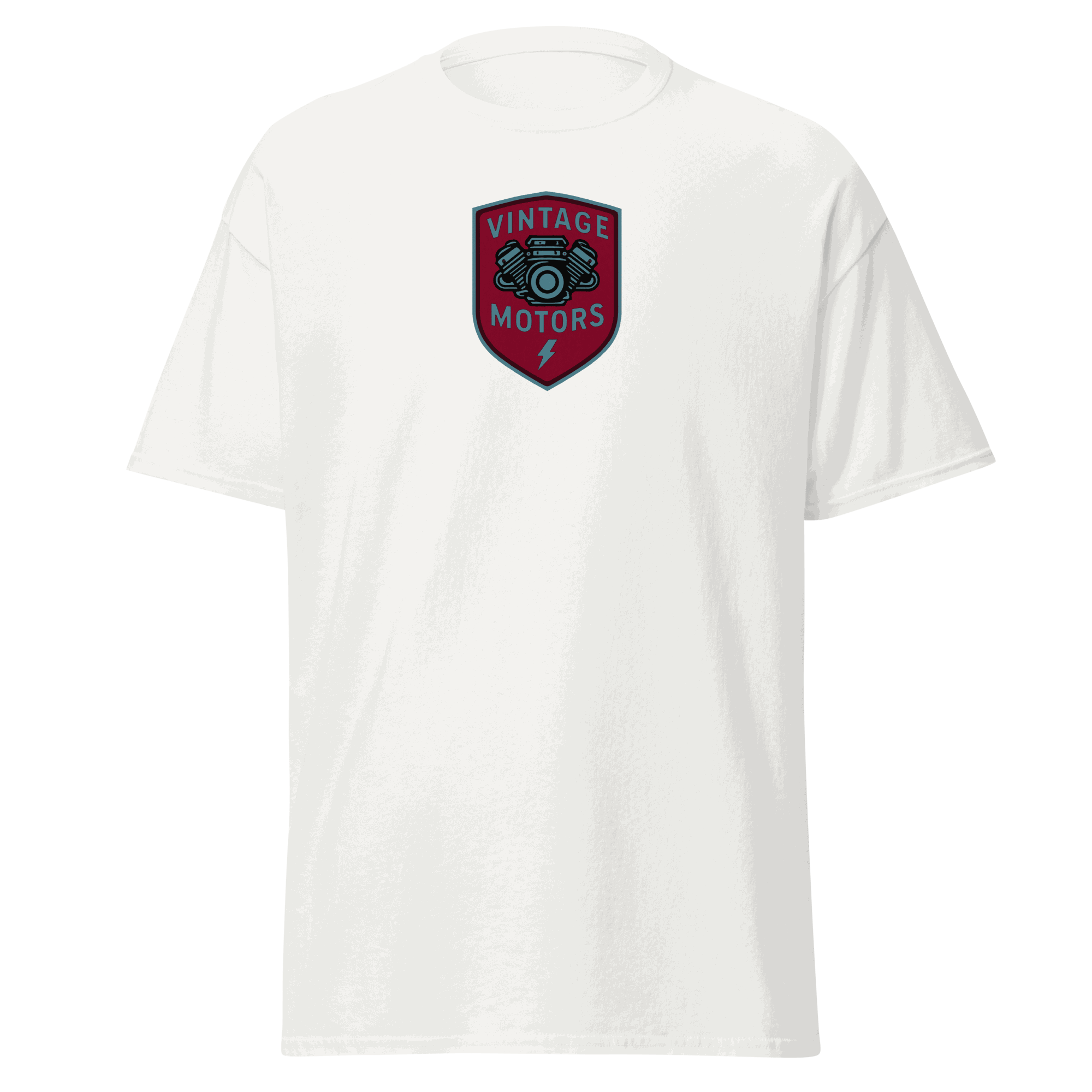 Vintage T-Shirt White Vintage Motors Classic T-Shirt with red and black motor graphic logo on front, 100% cotton unisex tee
