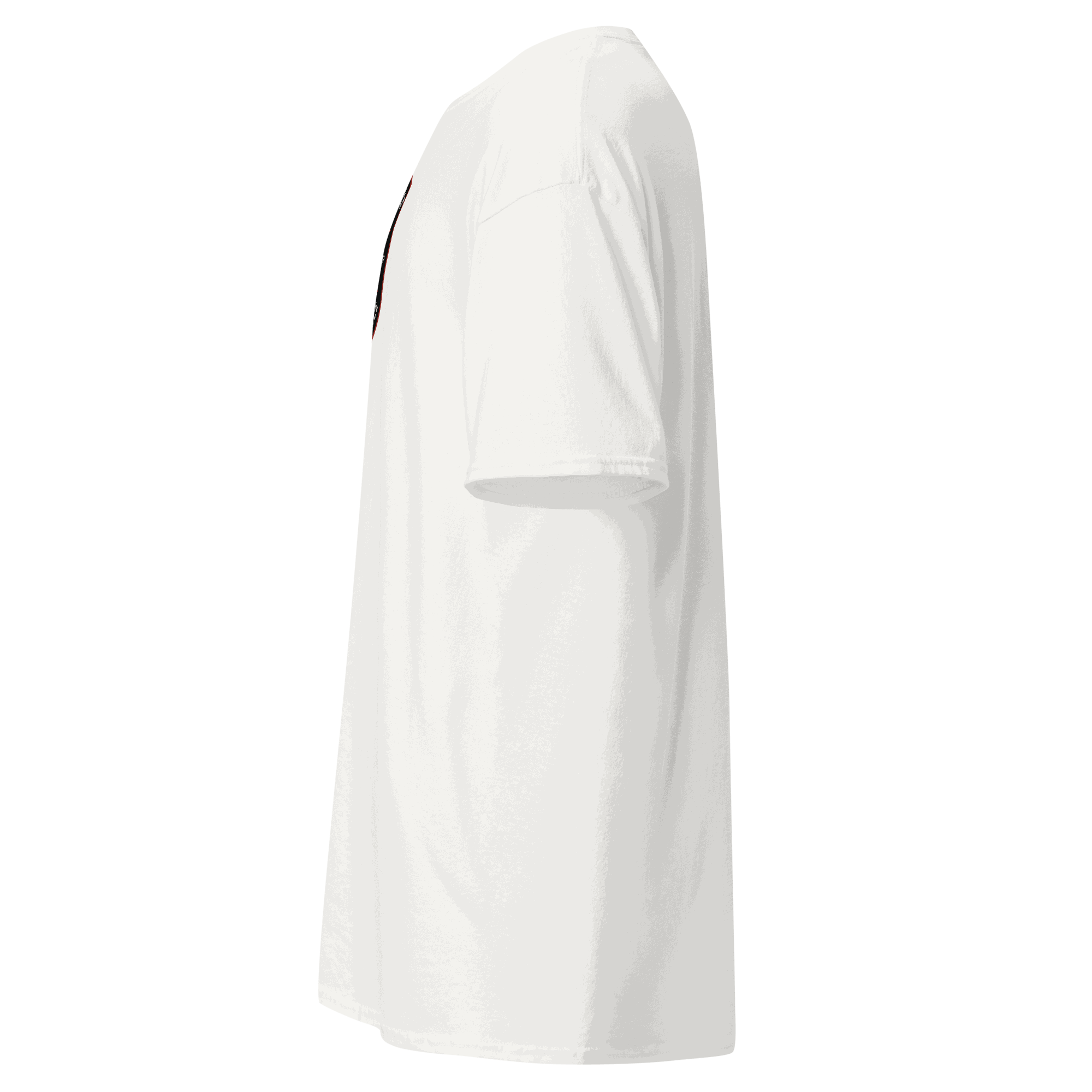 Side view of a white Custom Built Classic T-Shirt made of 100% cotton with a structured, sharp-edged fit