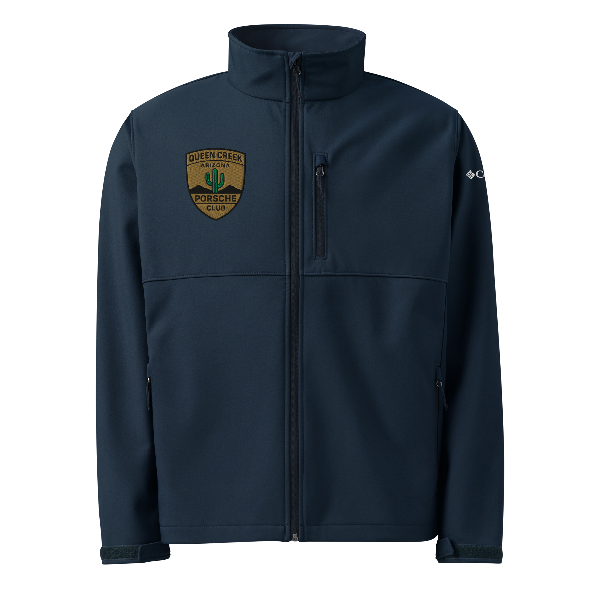 Queen Creek Pcar Club Columbia navy soft shell jacket with zippered pockets and embroidered logo