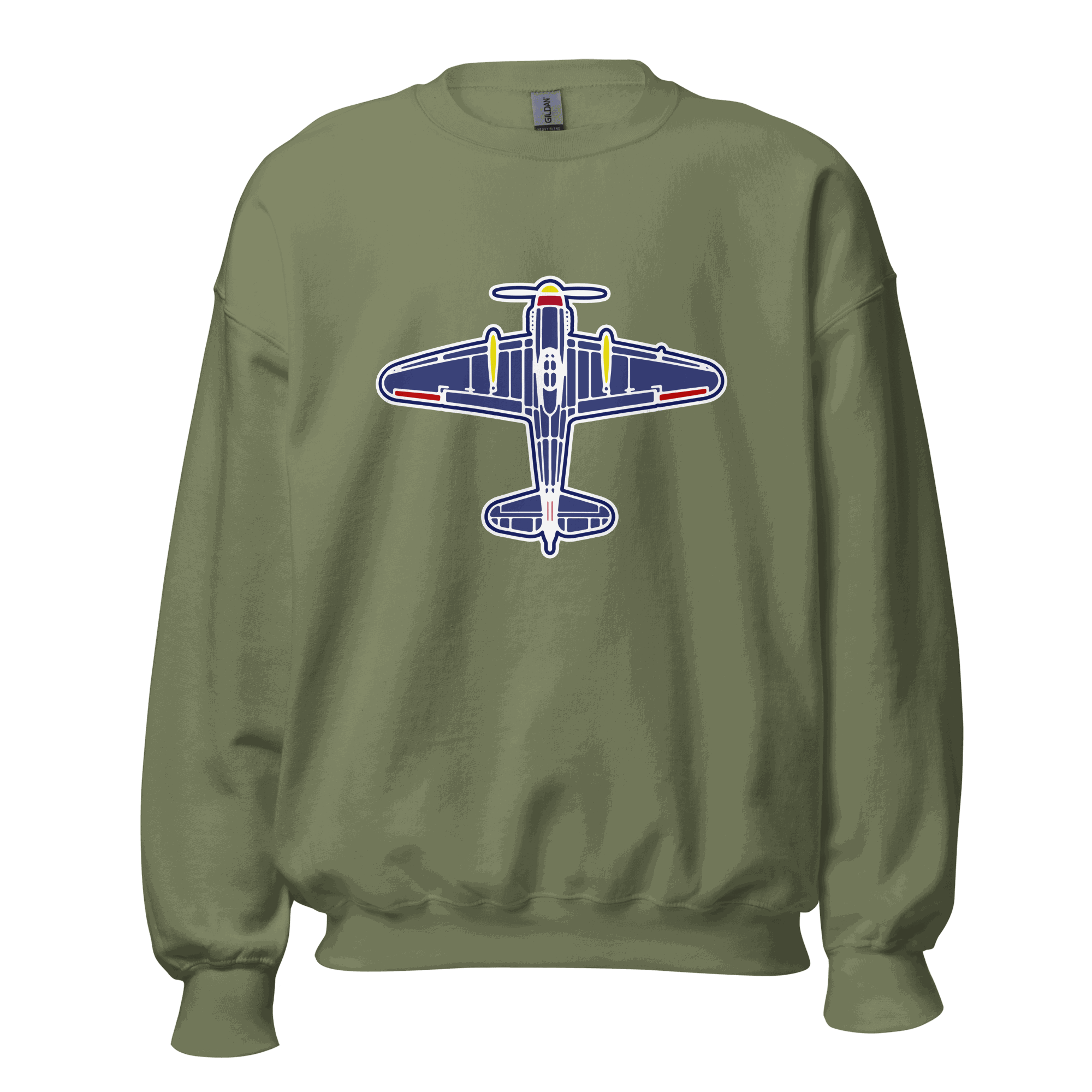Aviation unisex sweatshirt in olive green with airplane graphic, classic fit, soft air-jet spun yarn, and rib knit collar.