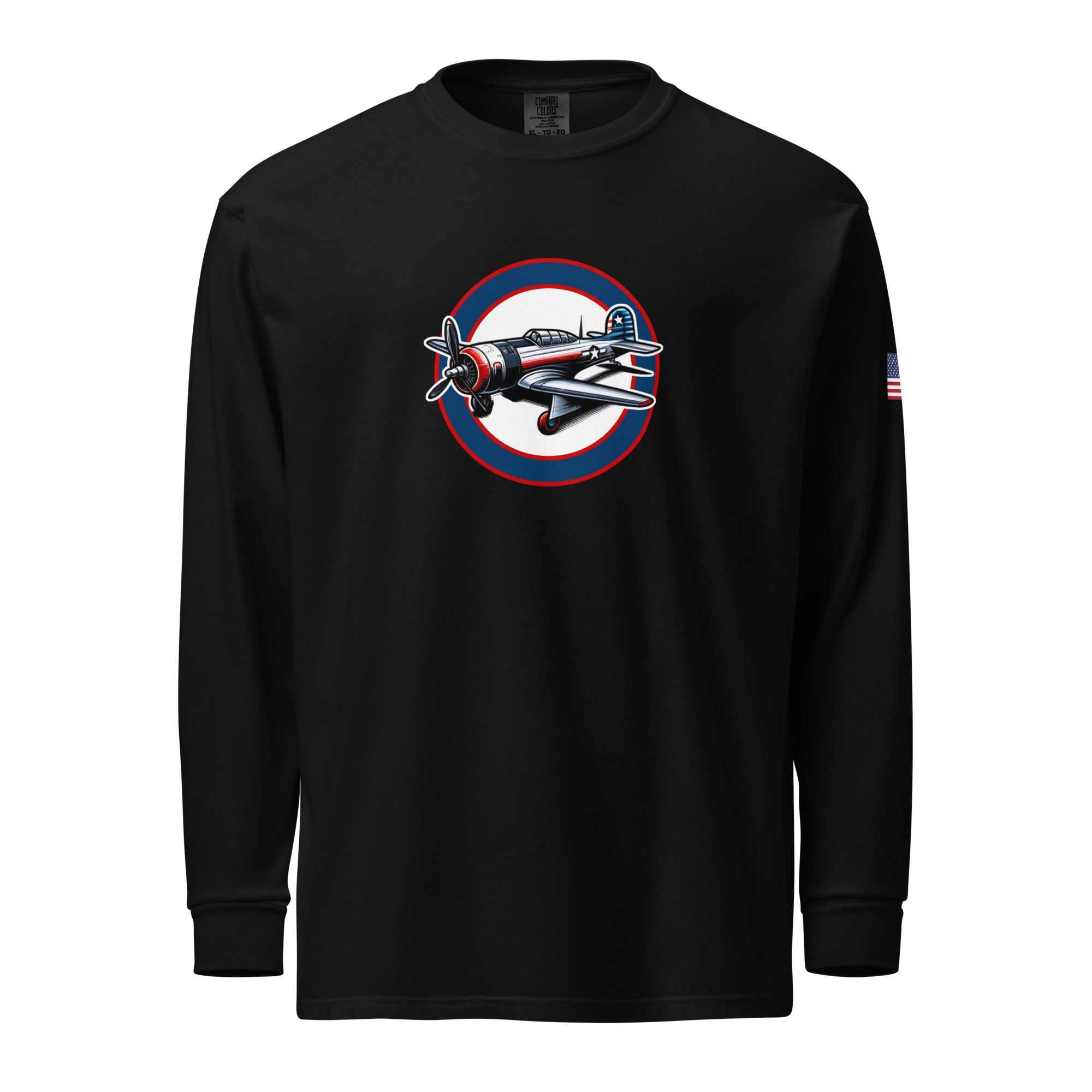 Black USA Plane 1 unisex long sleeve shirt with vintage airplane graphic and American flag on sleeve