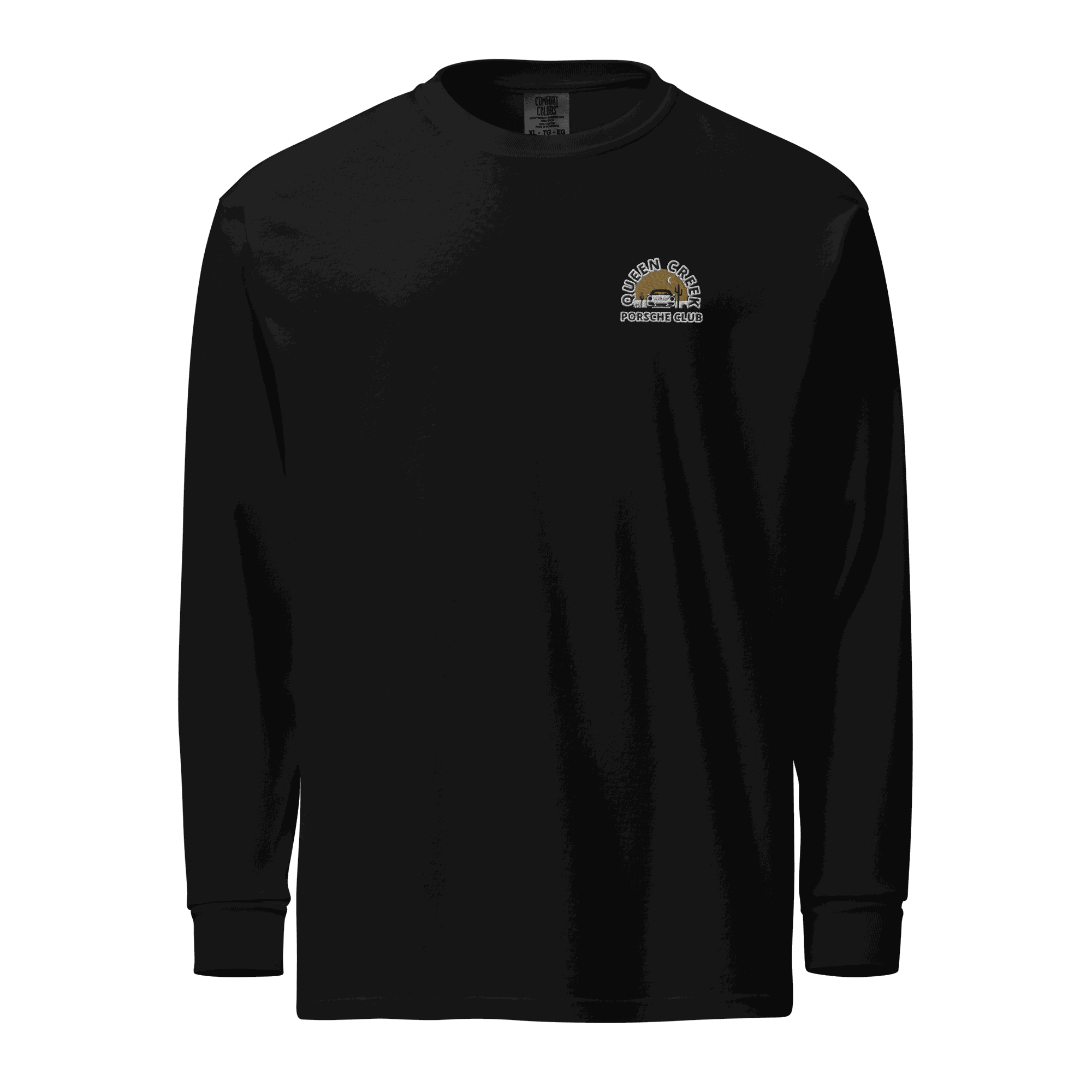 Queen Creek Porsche Club black heavyweight unisex long-sleeve shirt with garment-dyed pre-shrunk cotton fabric and small logo on chest