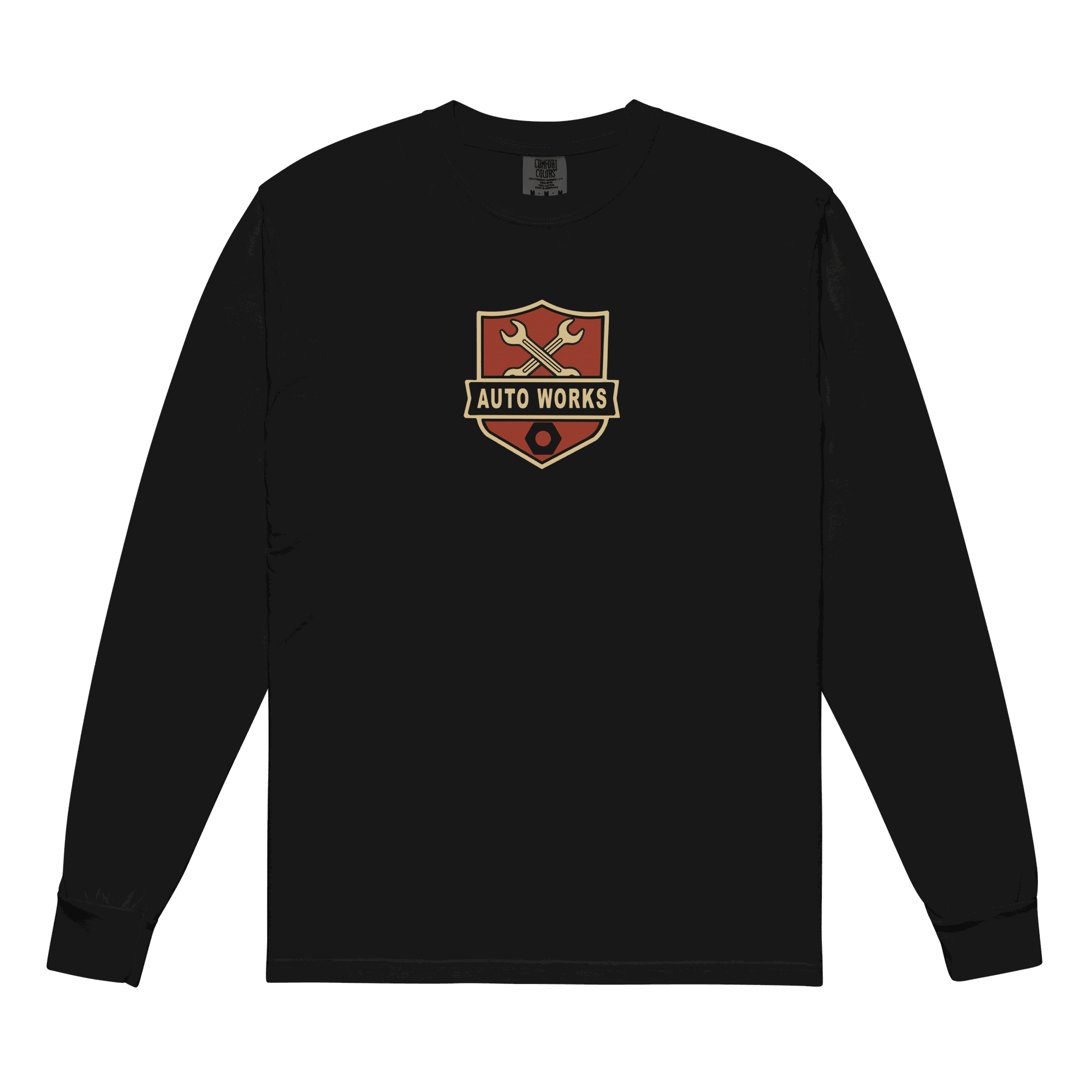 Black Auto Works Long Sleeve T-Shirt with automotive logo on chest, made of soft ring-spun cotton