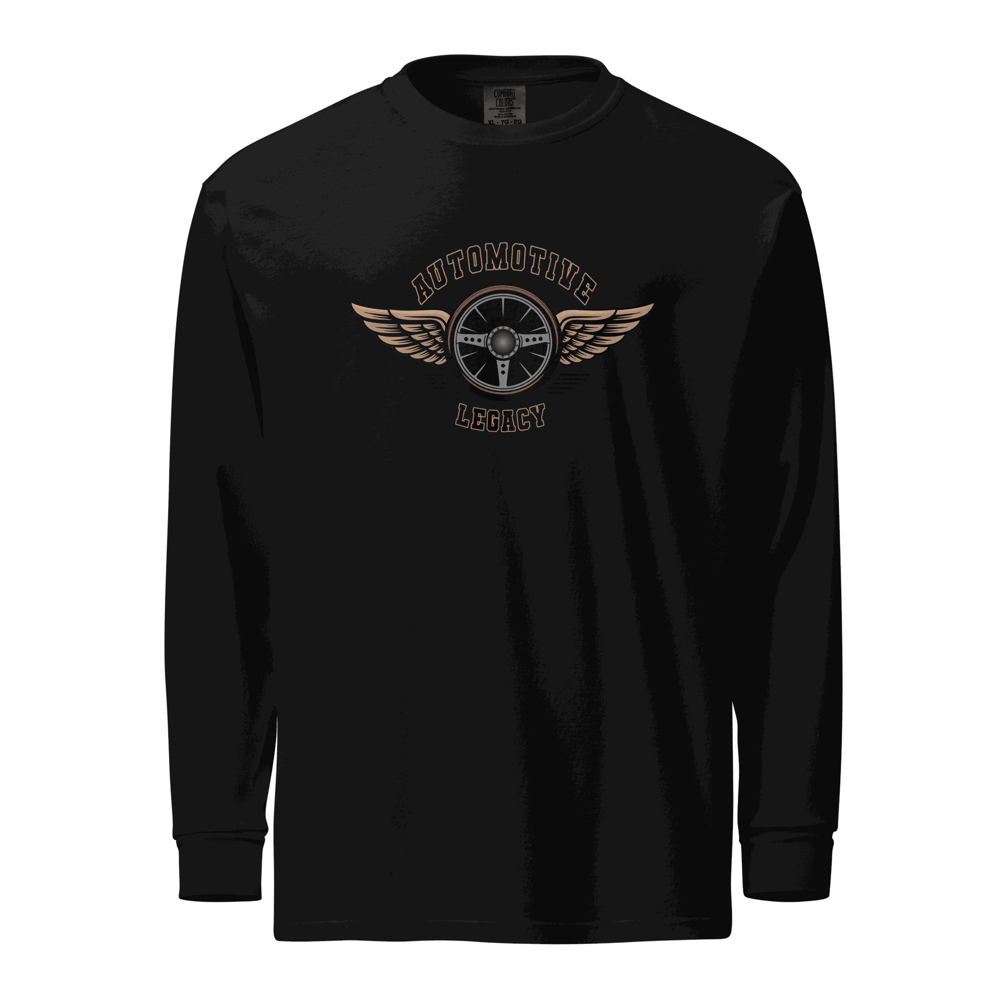 Black Automotive Legacy long sleeve shirt with winged steering wheel graphic, heavyweight cotton, relaxed fit, and pre-shrunk fabric