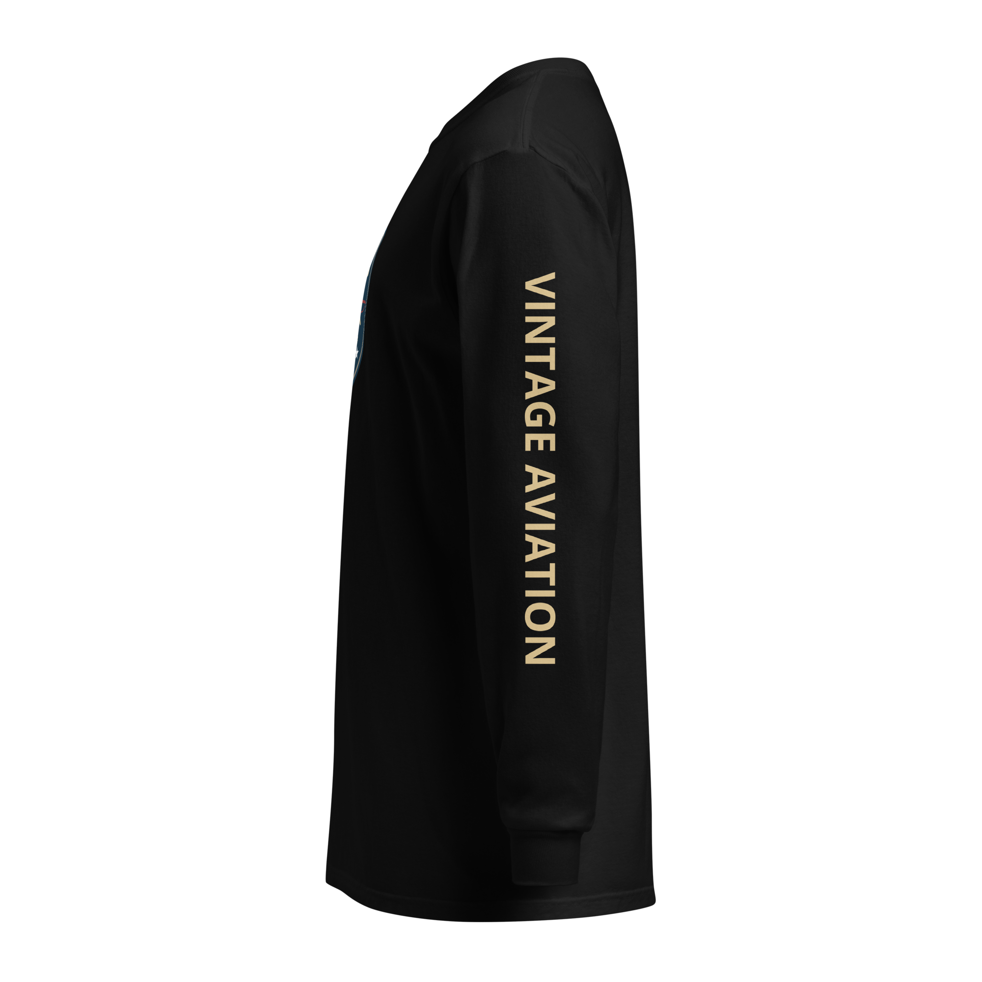 Black vintage aviation long sleeve shirt with retro pilot graphic and "VINTAGE AVIATION" text on sleeve