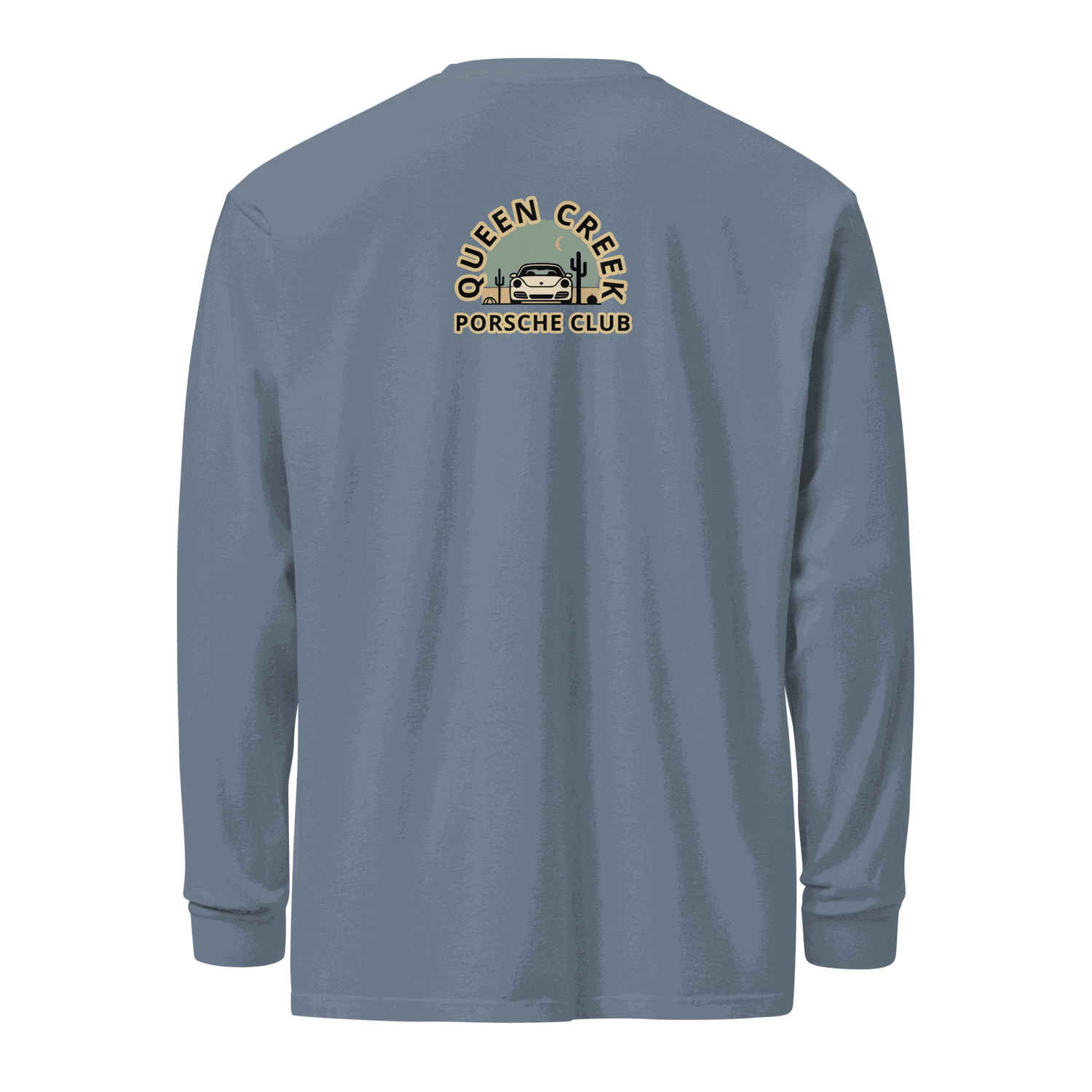 Queen Creek Porsche Club heavyweight long-sleeve shirt in blue with club logo on back, durable 100% cotton, relaxed fit