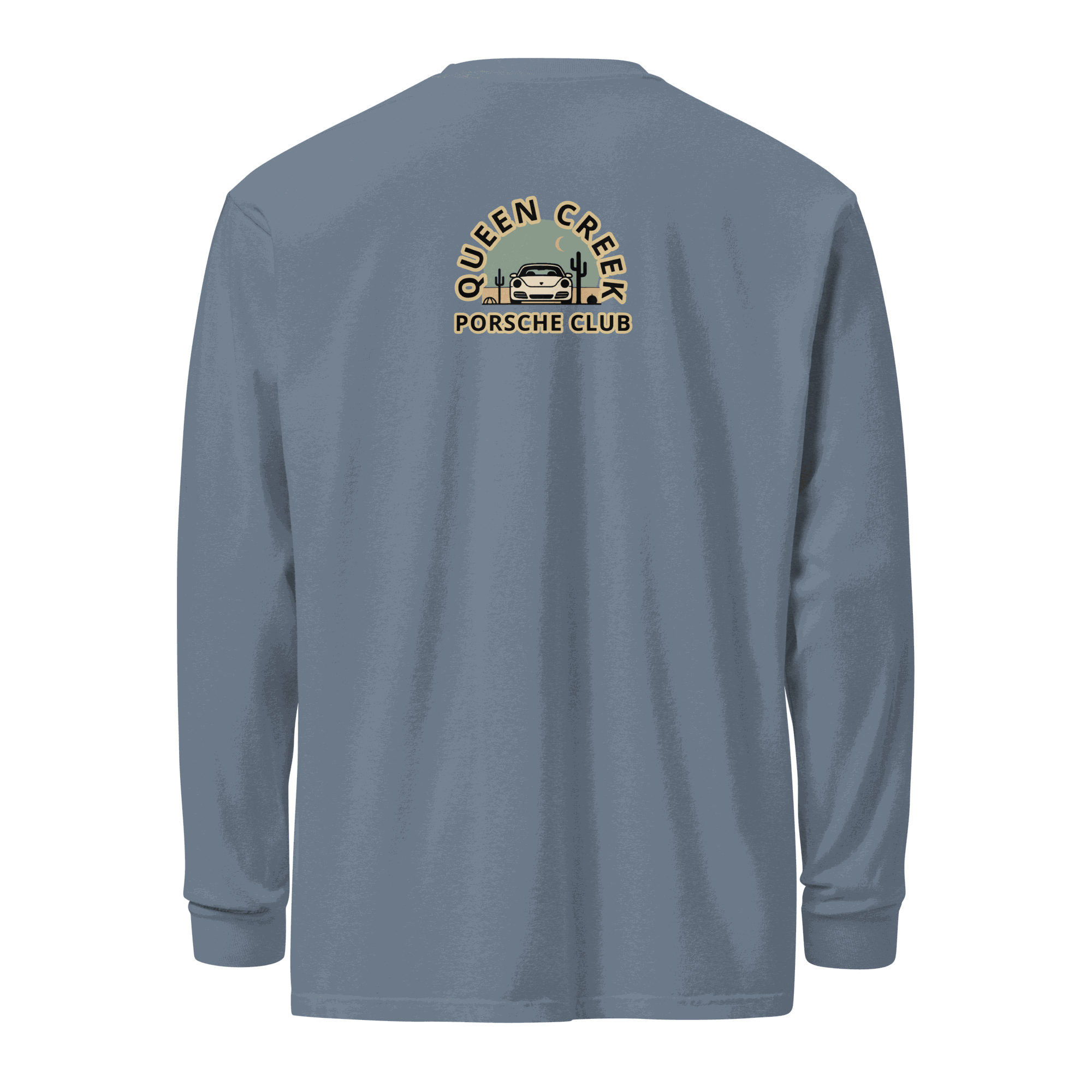 Queen Creek Porsche Club heavyweight long-sleeve shirt in blue with club logo on back, durable 100% cotton, relaxed fit