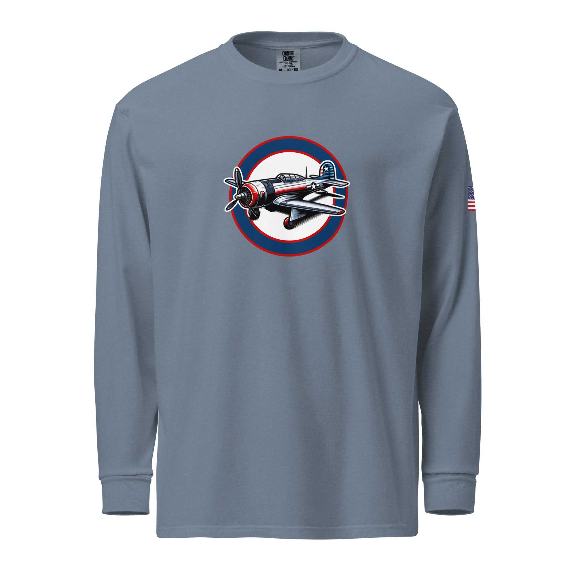 USA Plane 1 unisex heavyweight garment-dyed long sleeve shirt with airplane graphic and American flag on sleeve