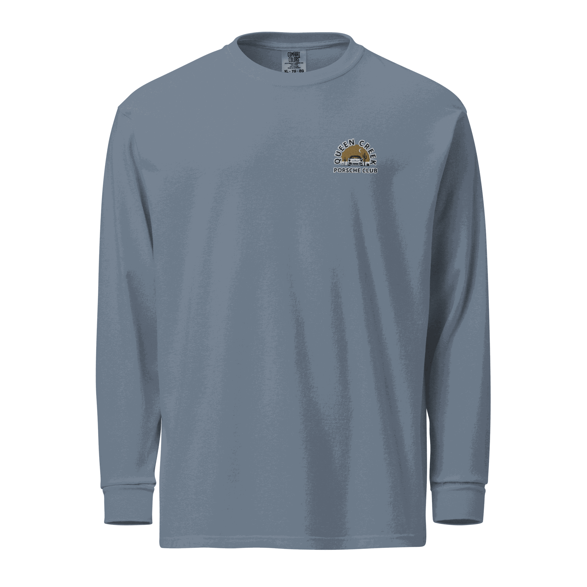 Queen Creek Porsche Club heavyweight long-sleeve shirt in garment-dyed soft cotton with relaxed fit and rib cuffs