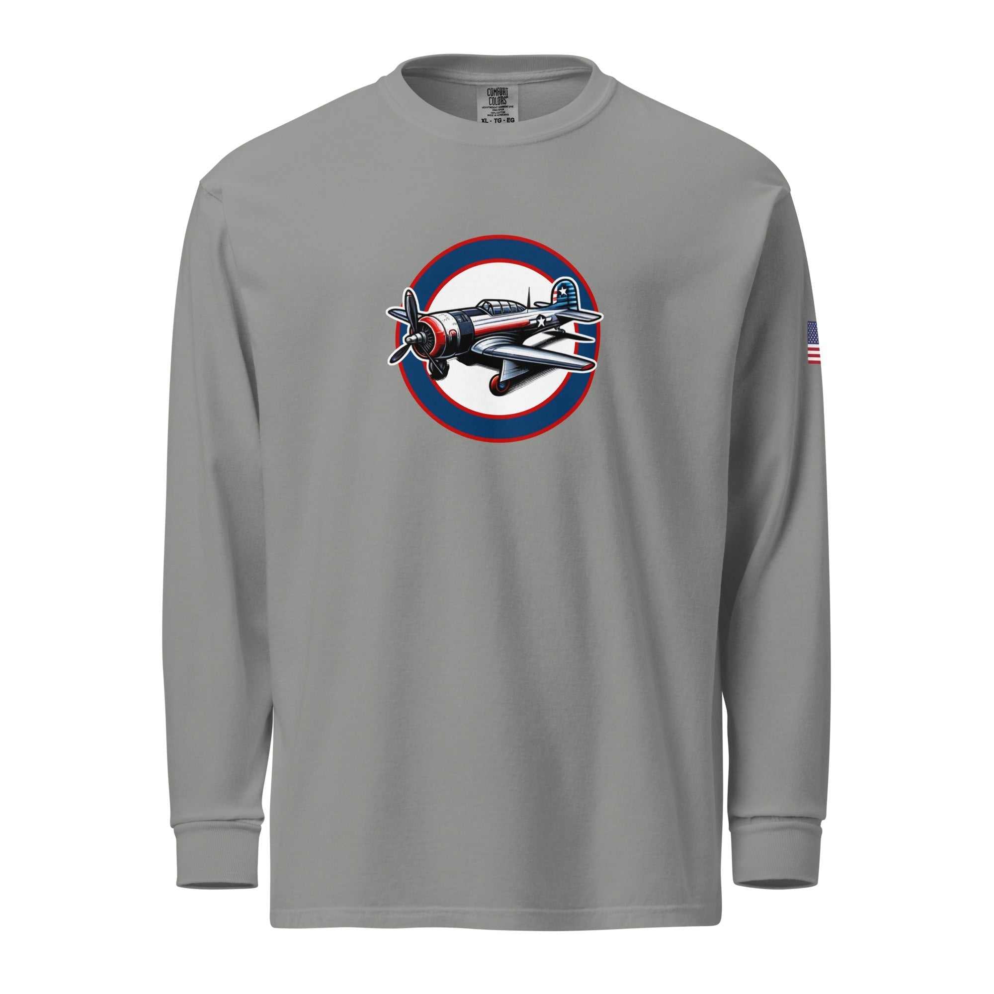 Gray USA Plane 1 long sleeve shirt with vintage airplane graphic and American flag on sleeve