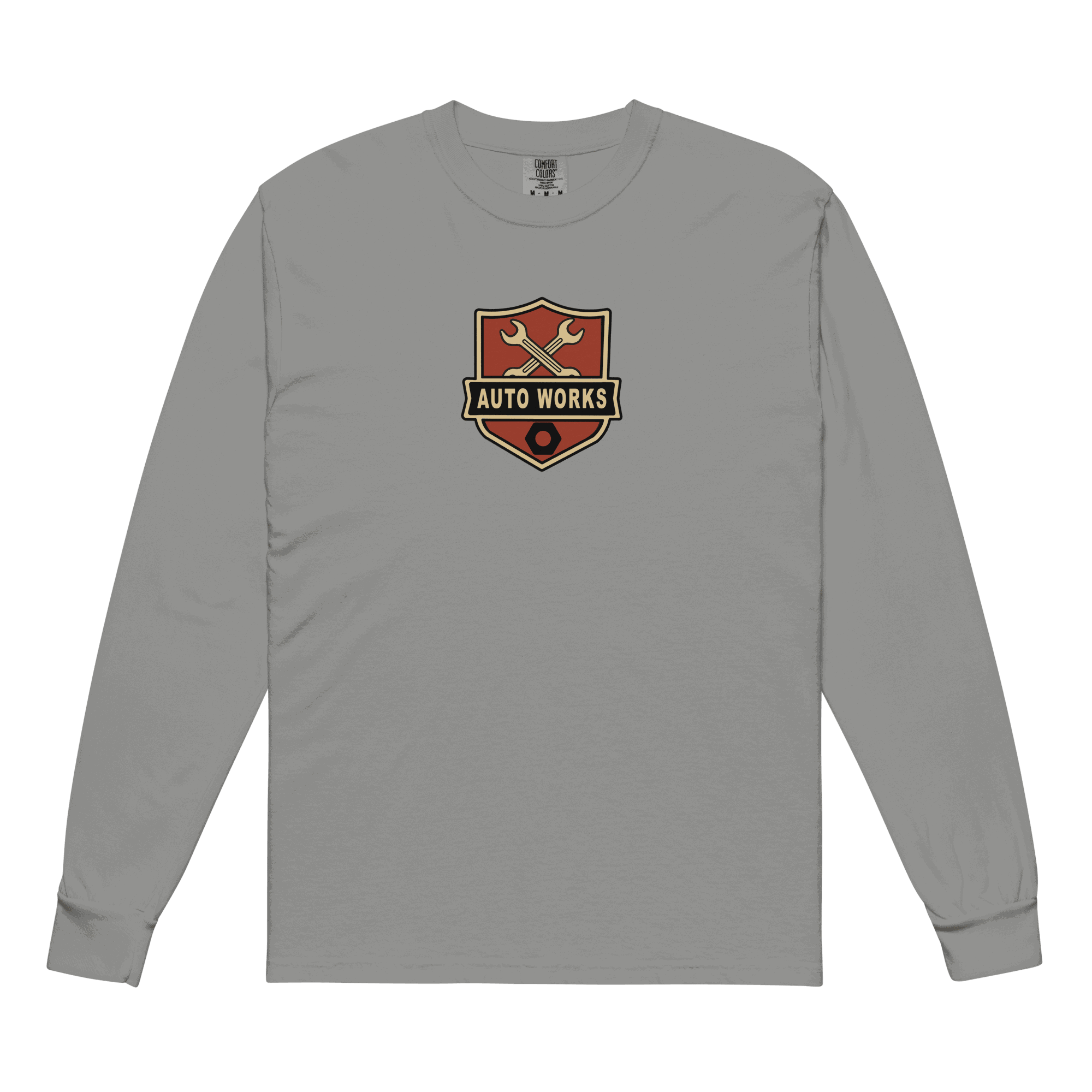 Gray Auto Works Long Sleeve T-Shirt with automotive logo on chest in casual fit