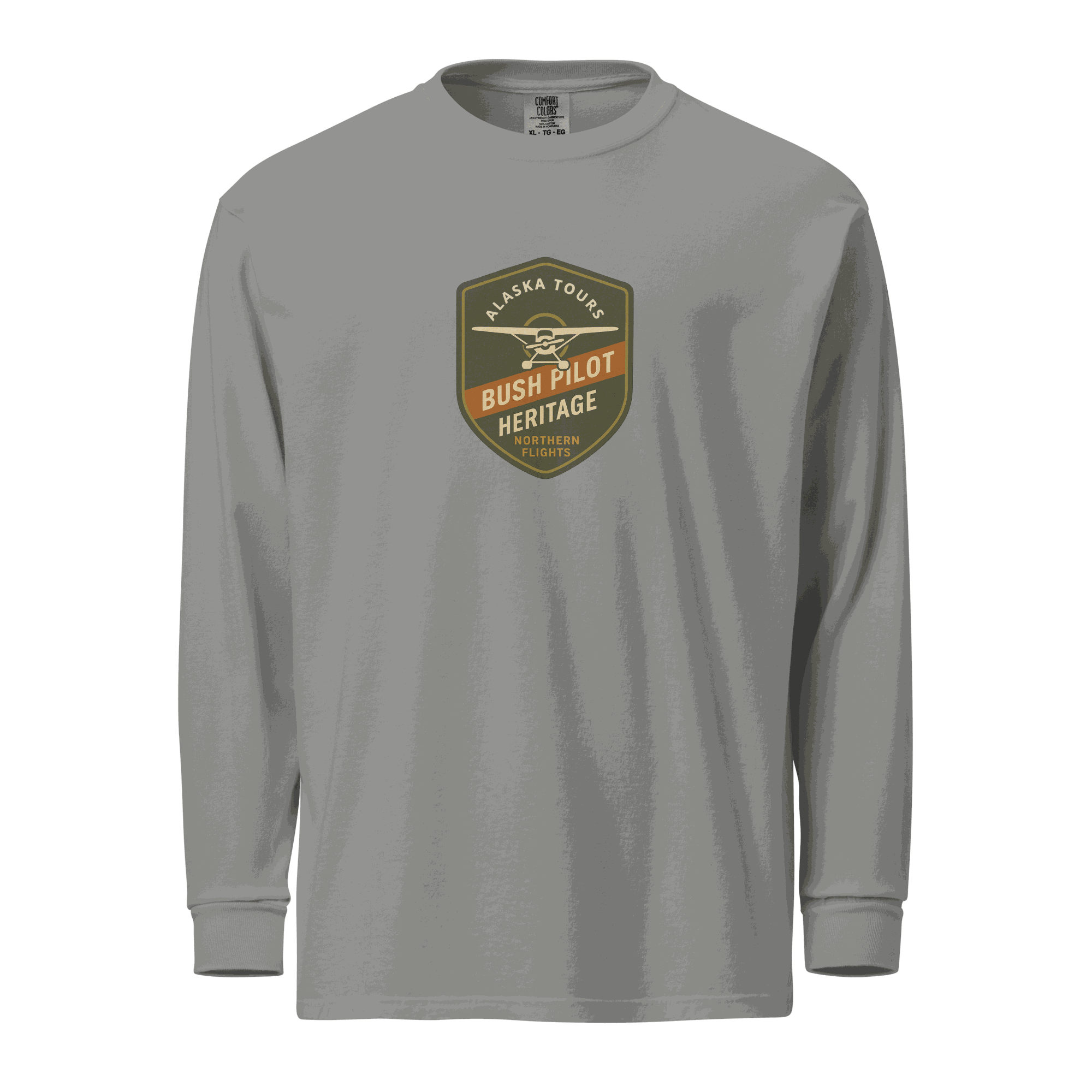 Aviation Bush Pilot long-sleeve shirt in gray, heavyweight cotton with Alaska Tours vintage logo on chest