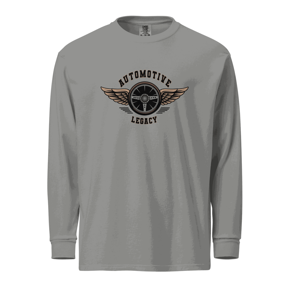 Gray Automotive Legacy long sleeve shirt with winged steering wheel graphic and relaxed fit design