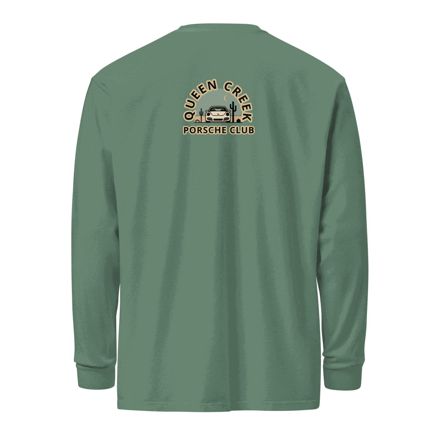 Queen Creek Porsche Club heavyweight long-sleeve shirt in green with club logo on back, 100% cotton, garment-dyed and pre-shrunk for comfort and durability