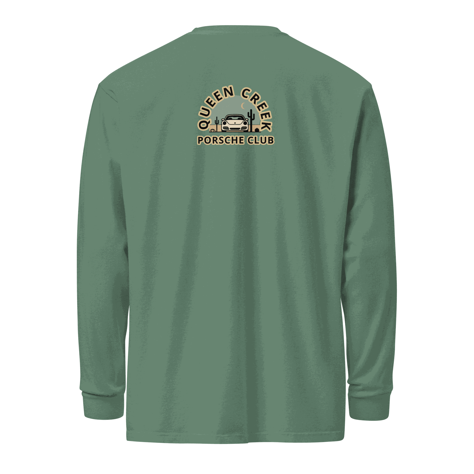 Queen Creek Porsche Club heavyweight long-sleeve shirt in green with club logo on back, 100% cotton, garment-dyed and pre-shrunk for comfort and durability